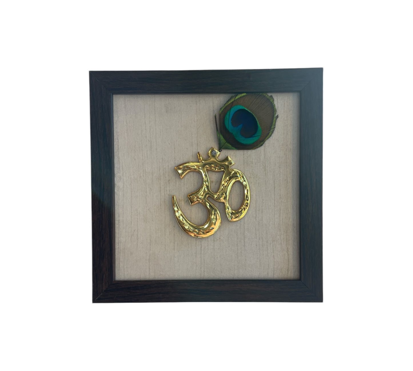 Brass Om With Peacock Feather & white Silk in Brown Frame