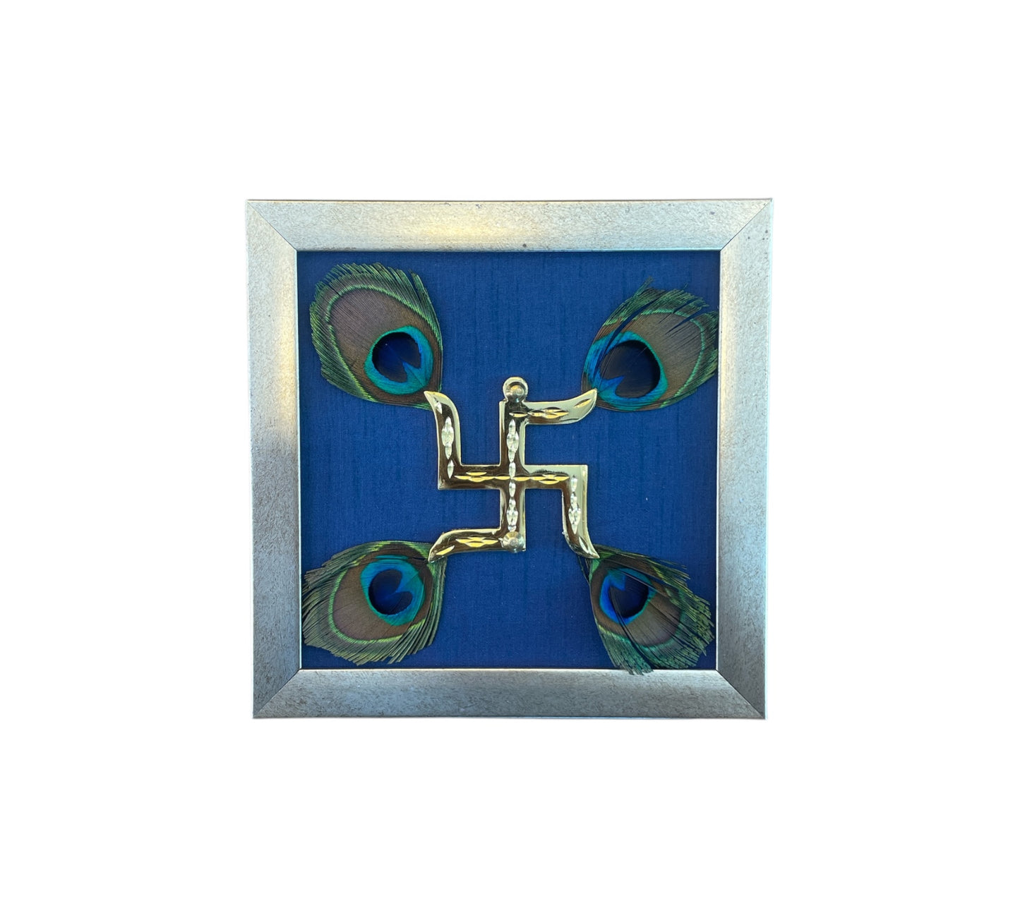 Brass Swastik with Peacock Feather and Blue silk in antique gold Frame