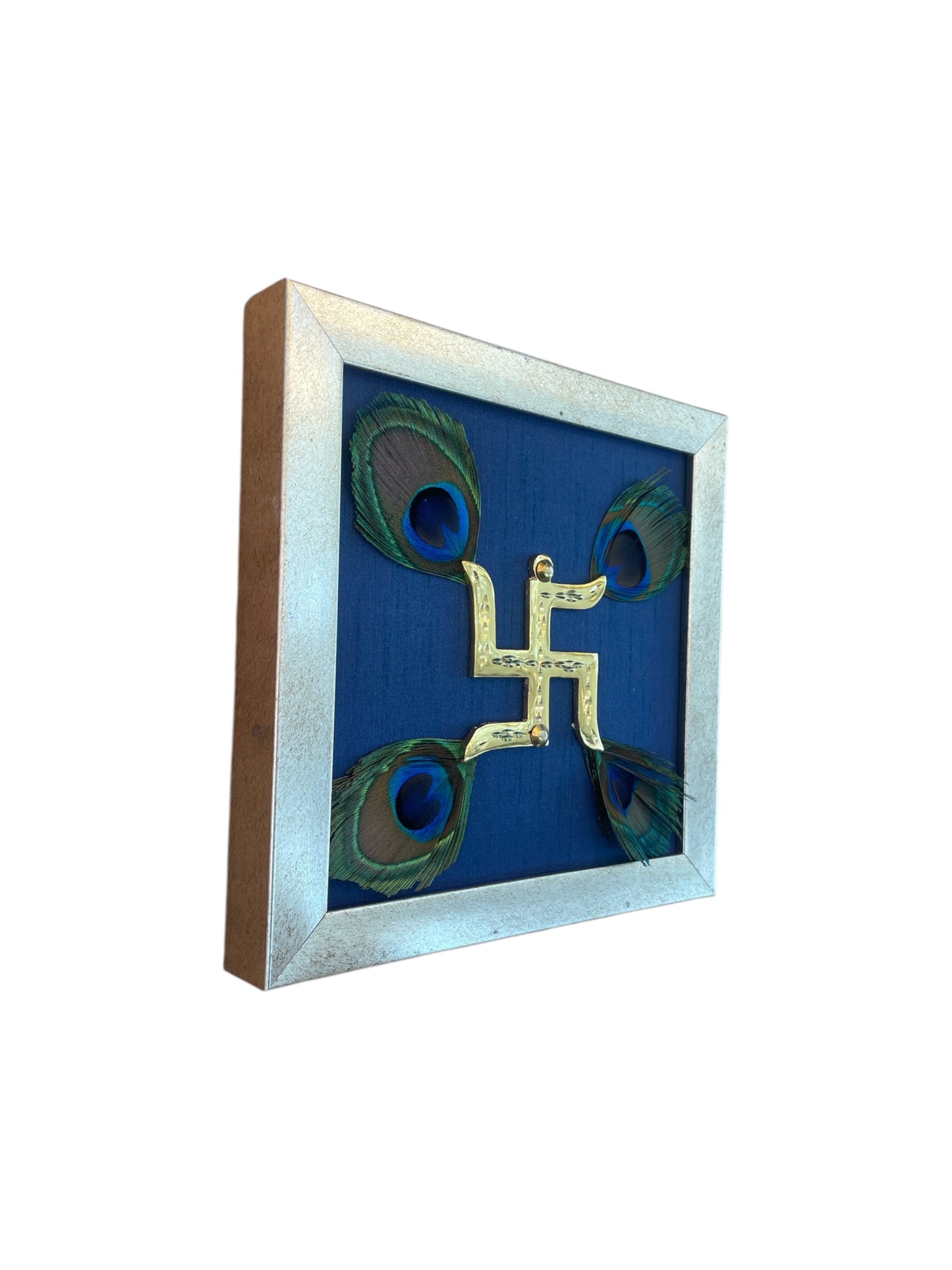 Brass Swastik with Peacock Feather and Blue silk in antique gold Frame