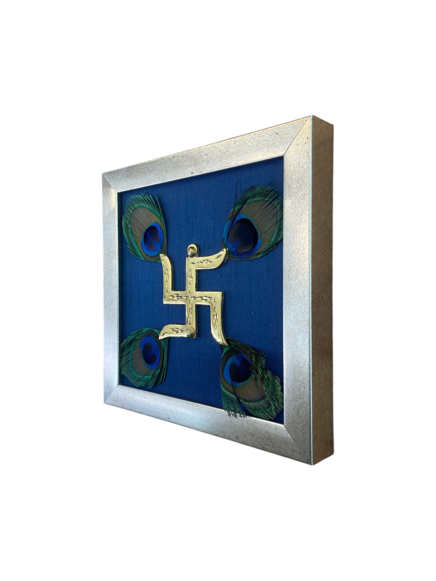 Brass Swastik with Peacock Feather and Blue silk in antique gold Frame