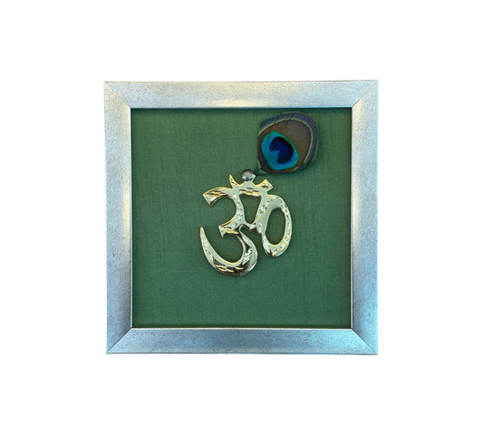 Brass Om with Peacock Feather & Green silk in antique golf Frame