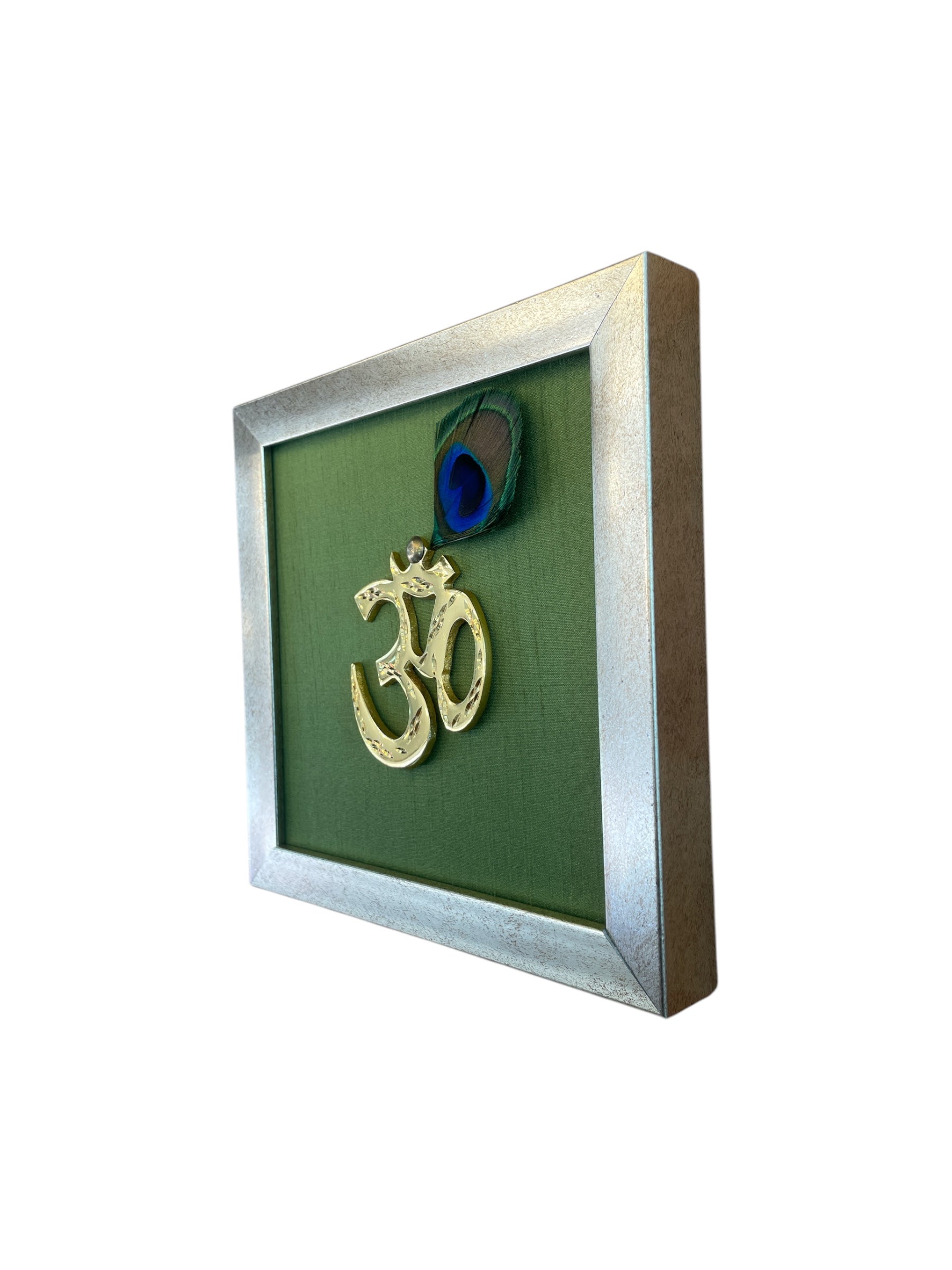 Brass Om with Peacock Feather & Green silk in antique golf Frame