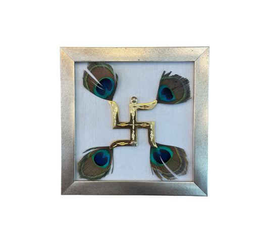 Brass Swastik with Peacock Feather and White silk in antique gold Frame