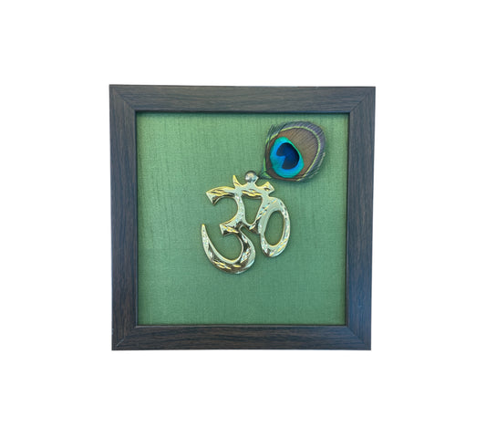 Brass Om with Peacock Feather & Green silk in Brown Frame