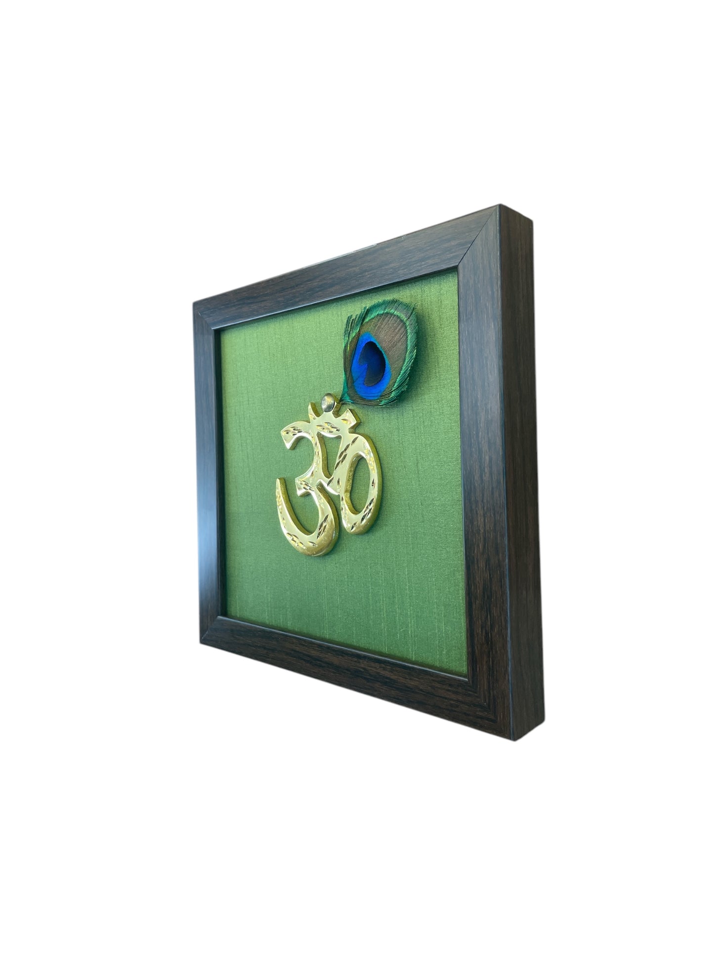 Brass Om with Peacock Feather & Green silk in Brown Frame