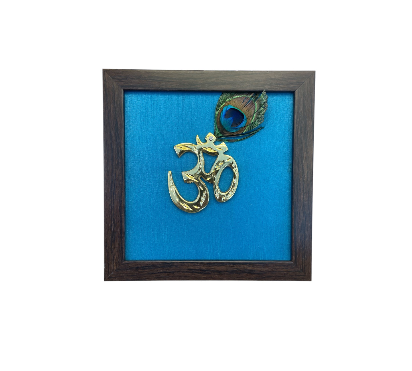 Brass Om with Peacock feather & Blue Silk in Brown Frame