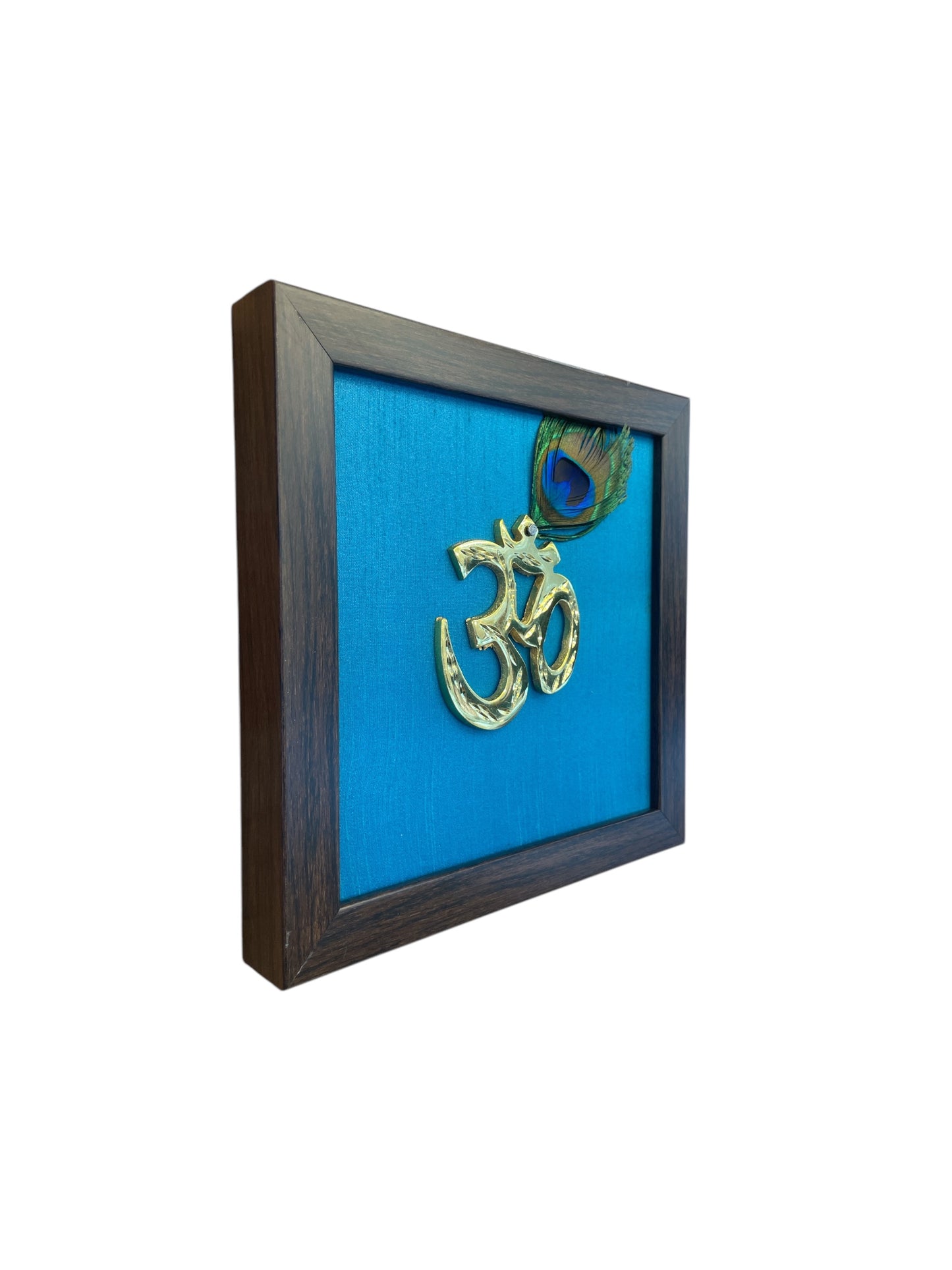 Brass Om with Peacock feather & Blue Silk in Brown Frame