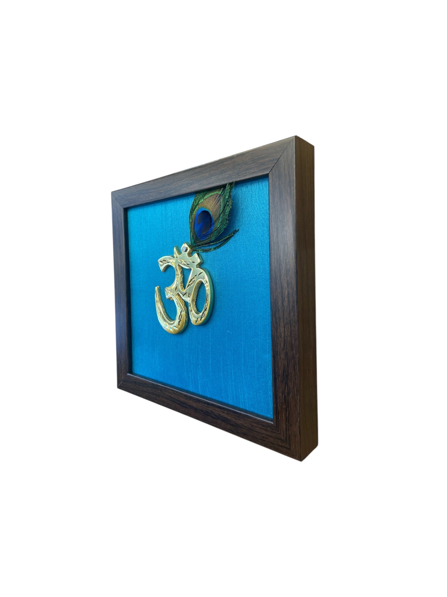 Brass Om with Peacock feather & Blue Silk in Brown Frame