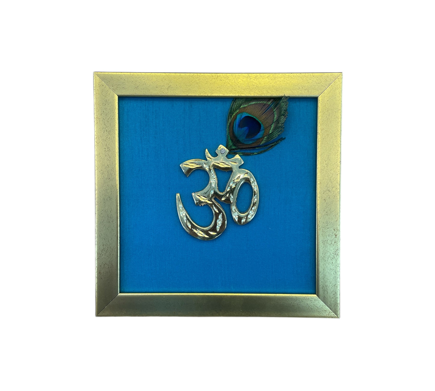 Brass Om with Peacock Feather & Blue silk in Antique Gold frame