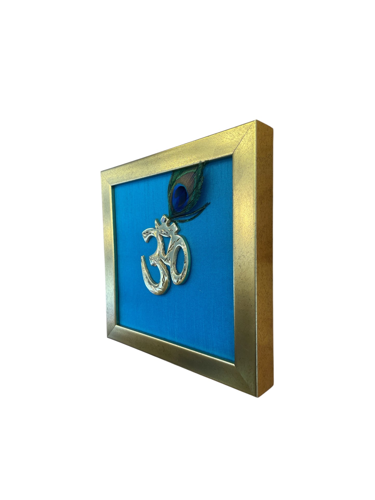 Brass Om with Peacock Feather & Blue silk in Antique Gold frame