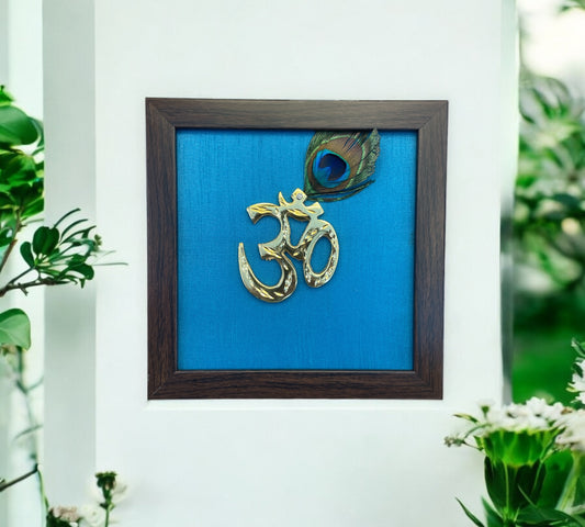 Brass Om with Peacock feather & Blue Silk in Brown Frame