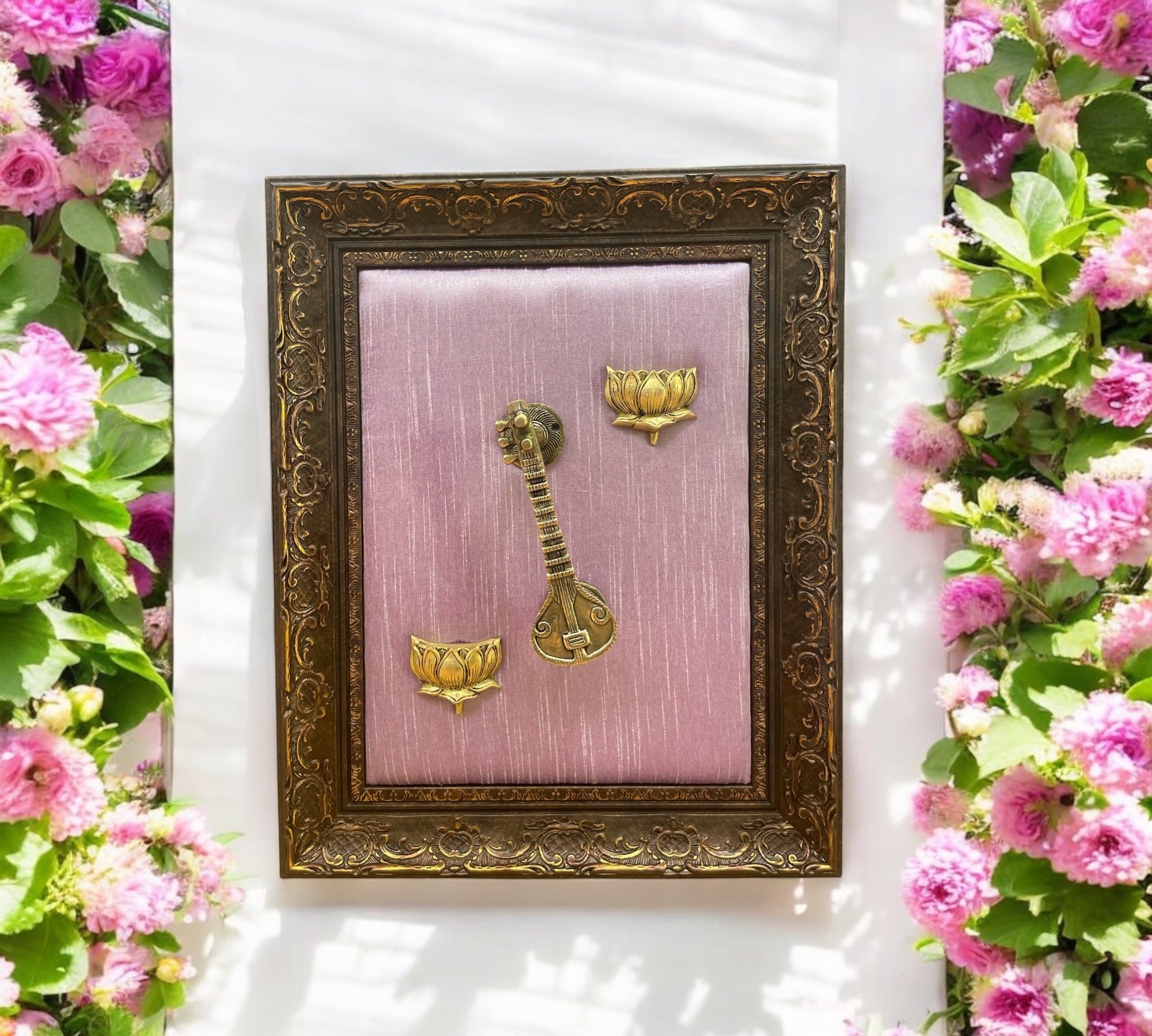 Brass Veena & Lotus With Lavender Backdrop in Moulded Frame