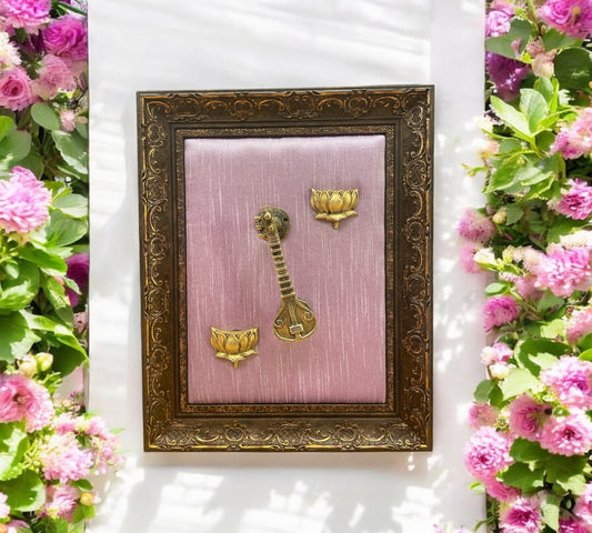 Brass Veeena & Lotus With Lavender Backdrop in Moulded Frame