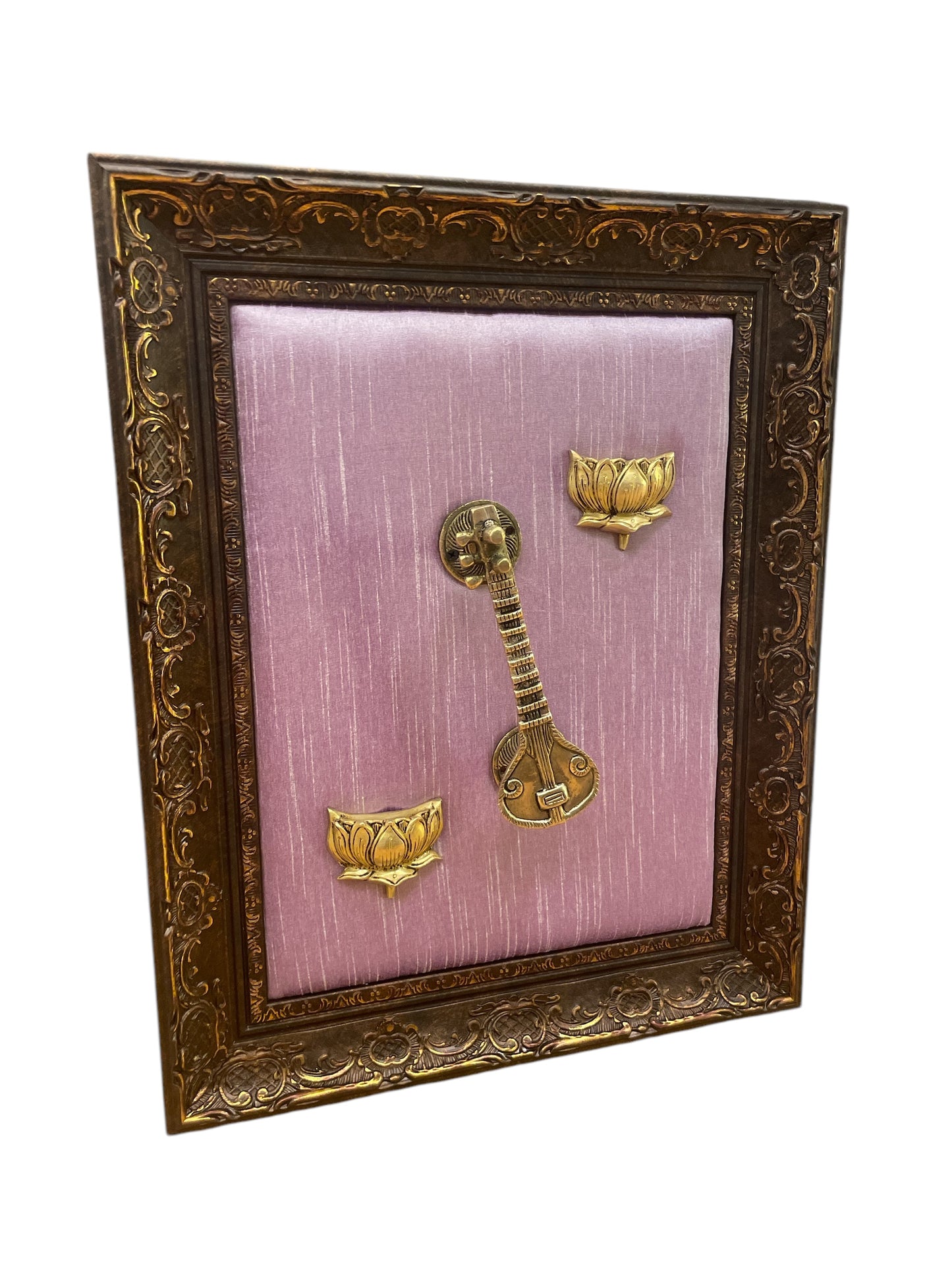 Brass Veeena & Lotus With Lavender Backdrop in Moulded Frame