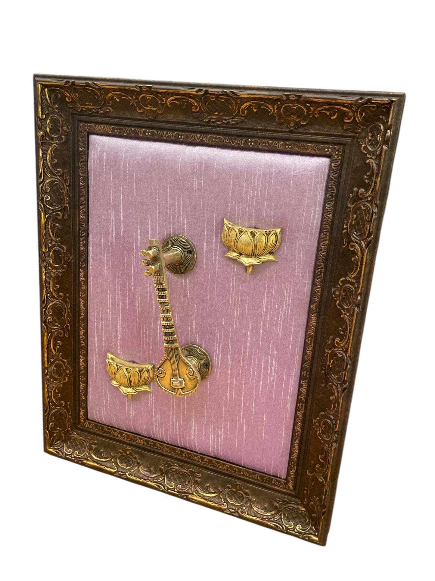 Brass Veeena & Lotus With Lavender Backdrop in Moulded Frame