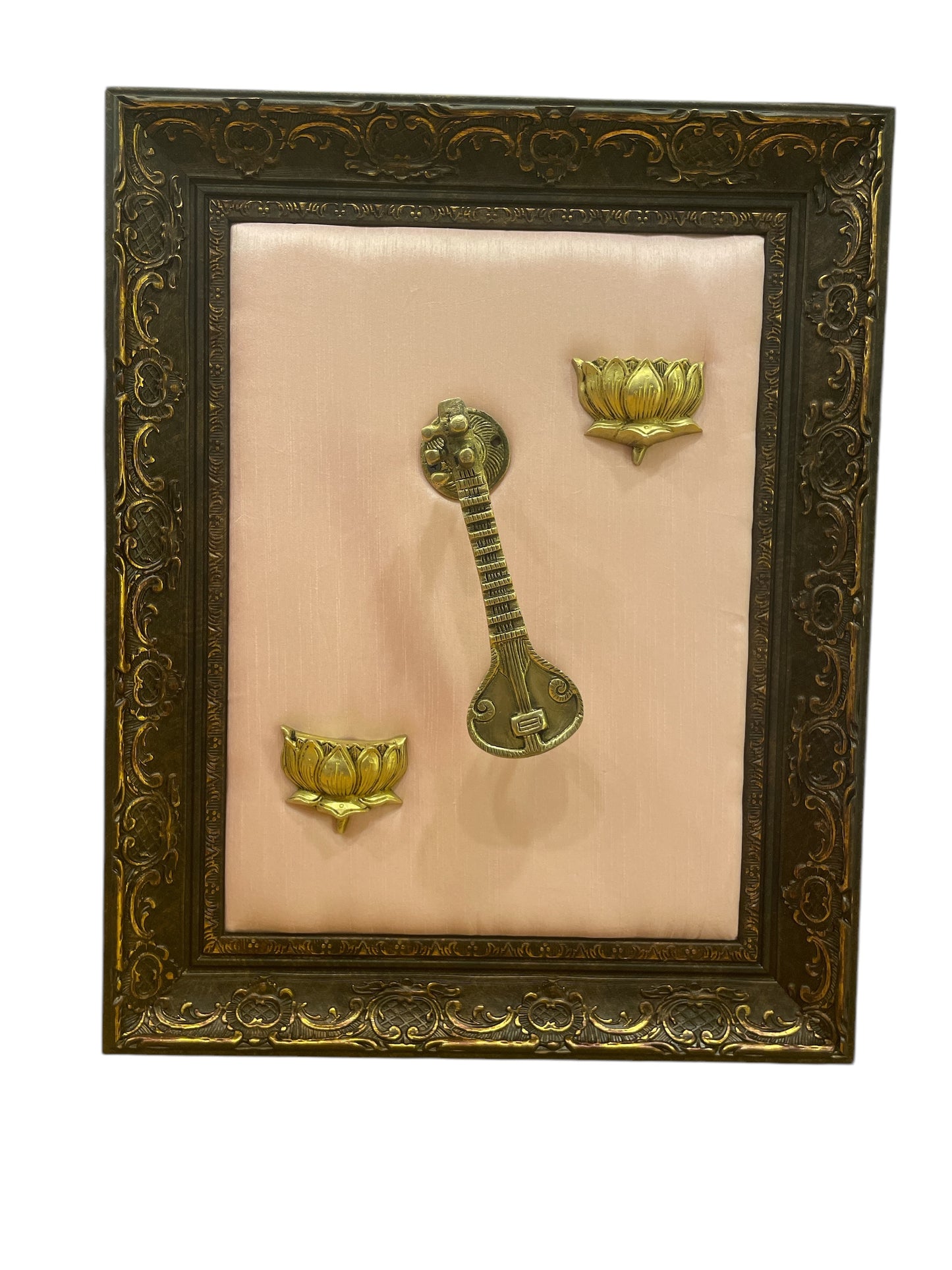 Brass Veena & Lotus With Beige Backdrop in Moulded Frame