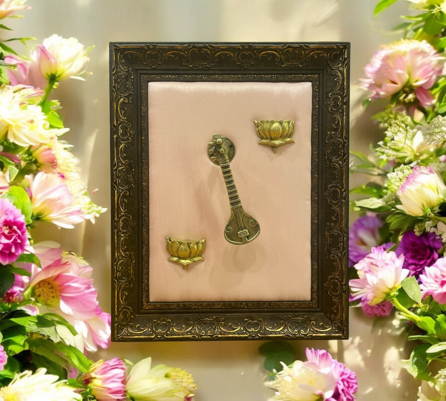 Brass Veena & Lotus With Beige Backdrop in Moulded Frame