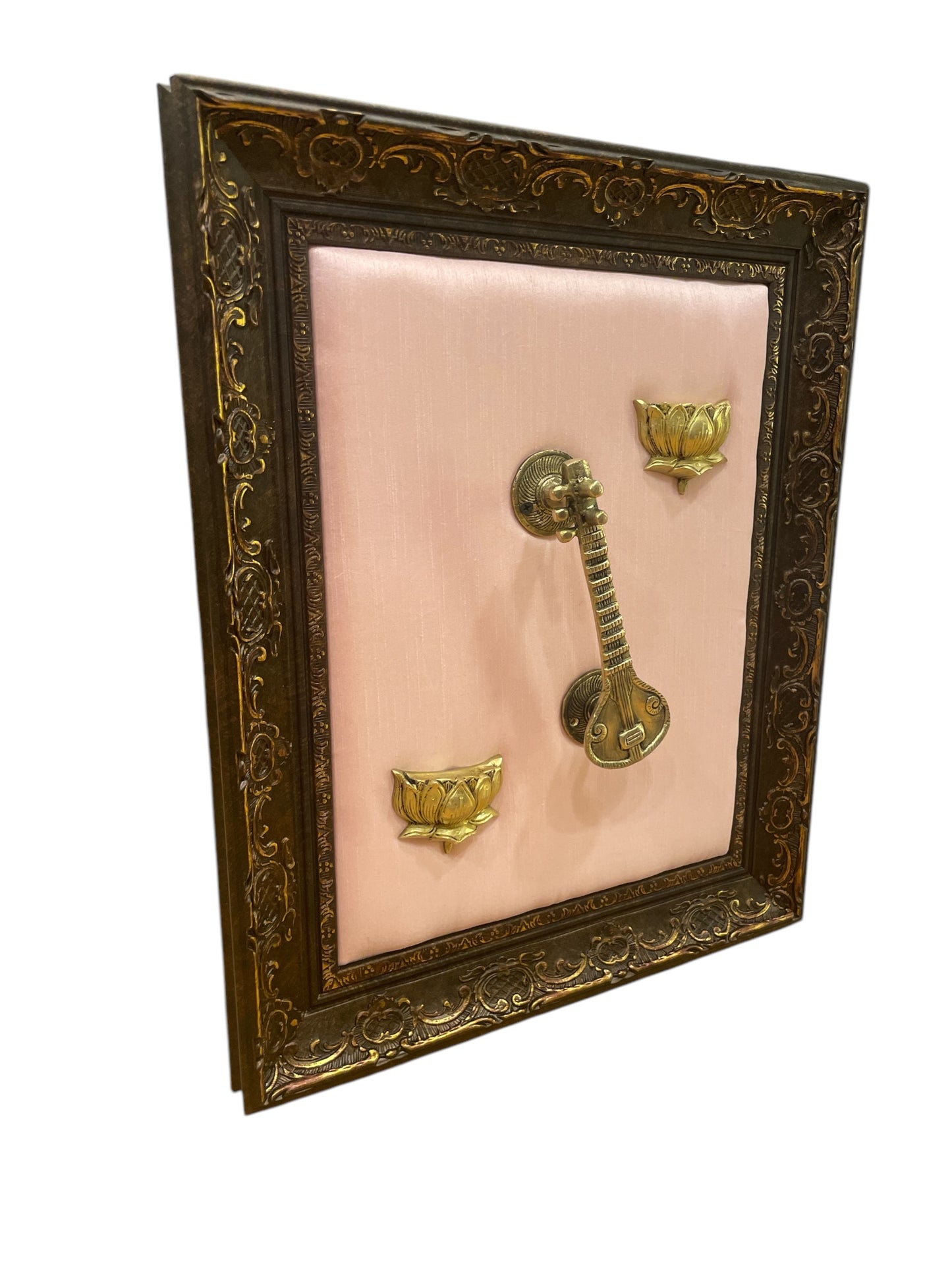 Brass Veena & Lotus With Beige Backdrop in Moulded Frame