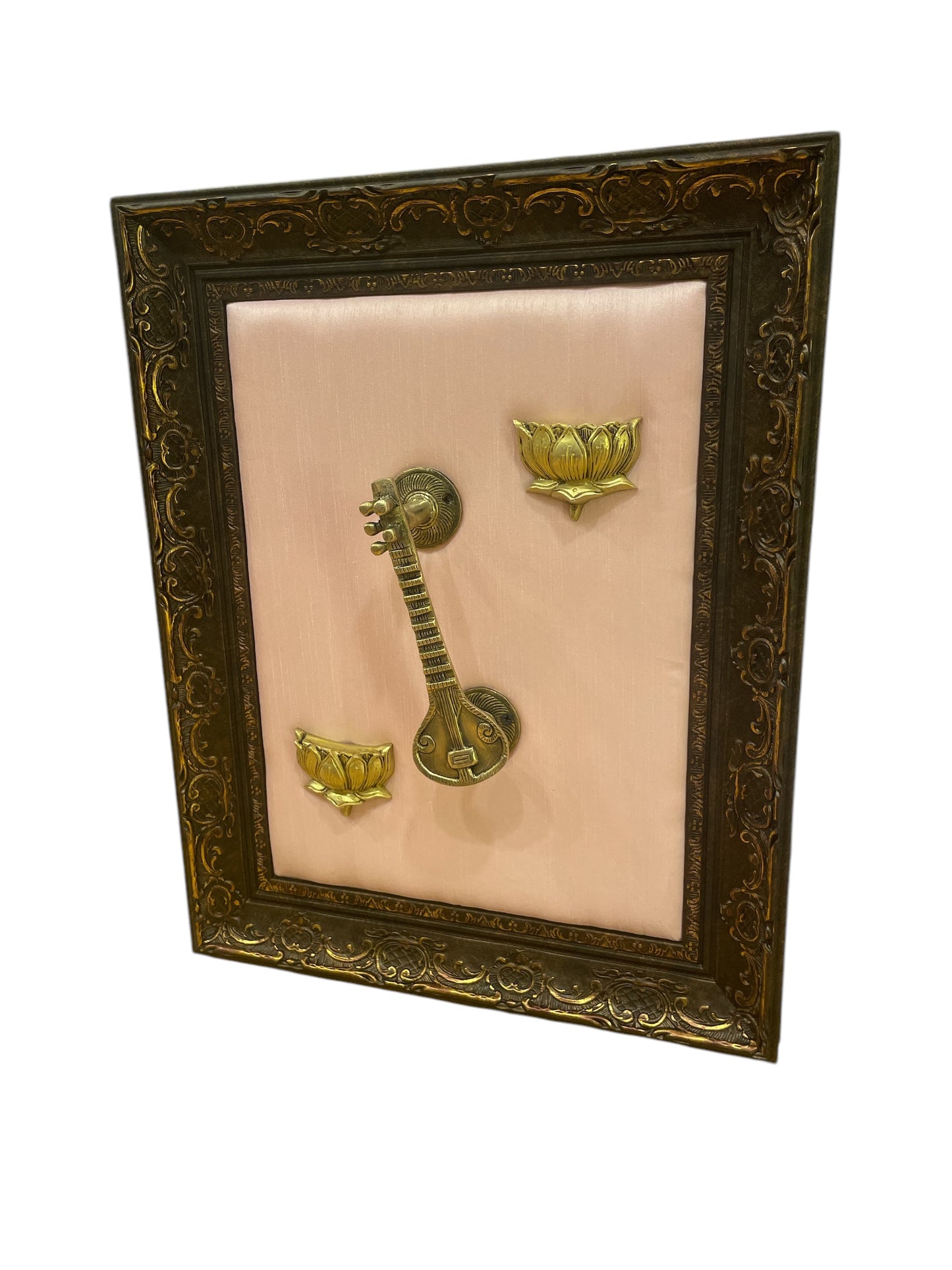 Brass Veena & Lotus With Beige Backdrop in Moulded Frame