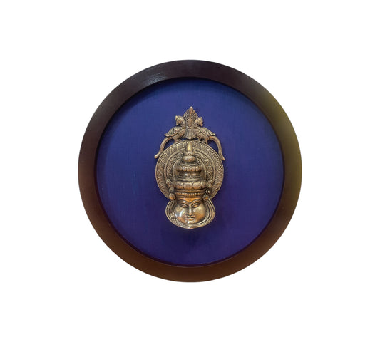 Brass Kathakalli face with Dark Blue silk backdrop circular wooden frame