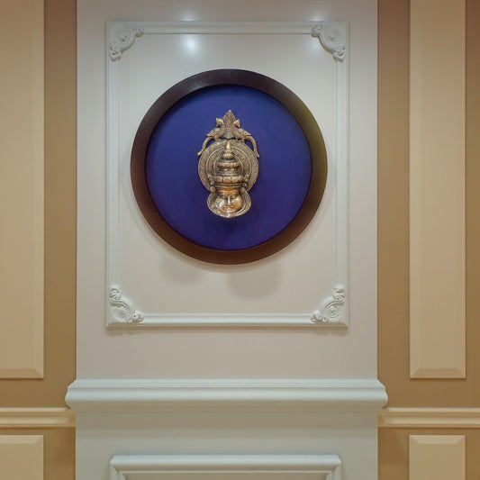 Brass Kathakalli face with Dark Blue silk backdrop circular wooden frame