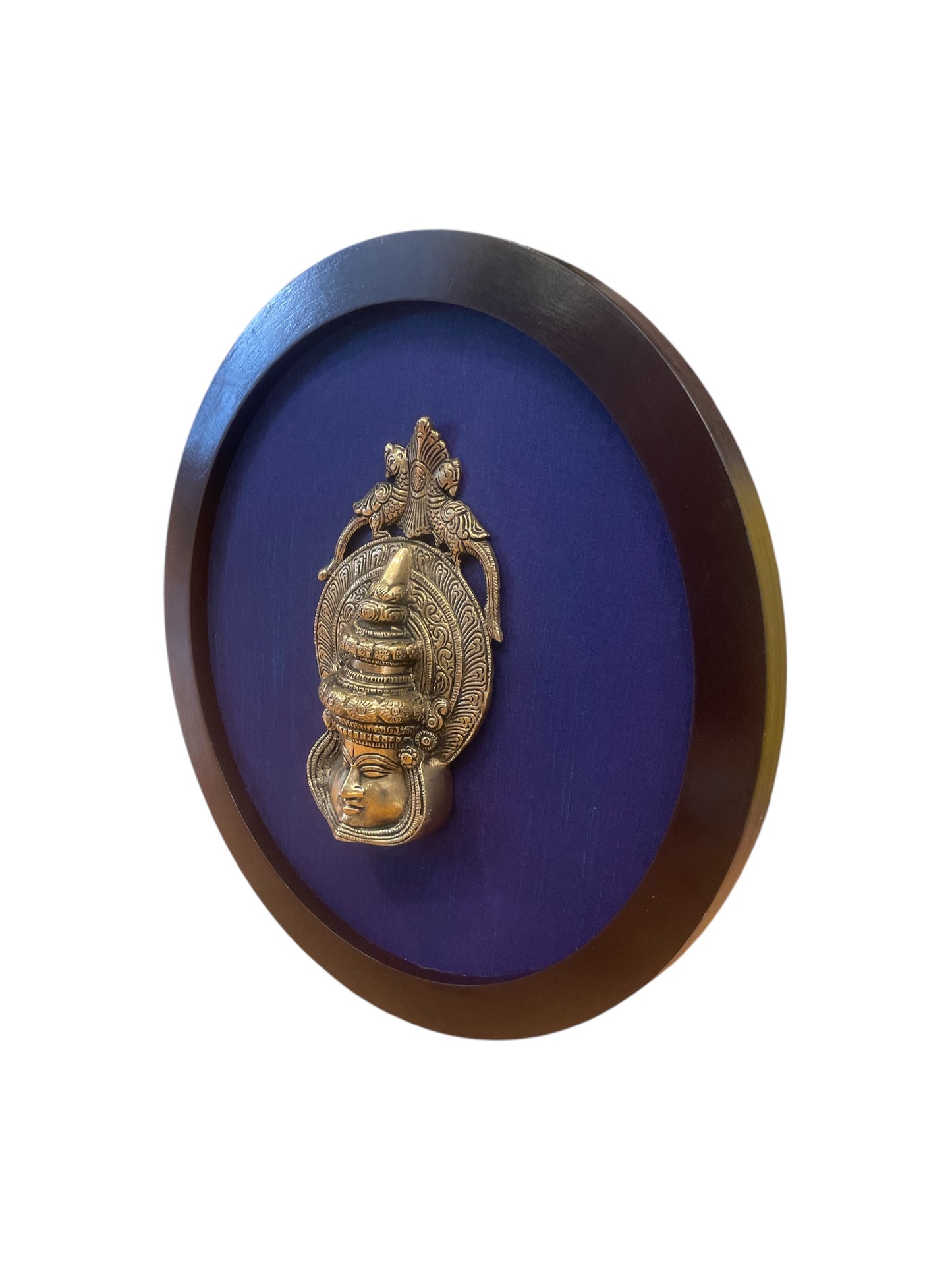 Brass Kathakalli face with Dark Blue silk backdrop circular wooden frame