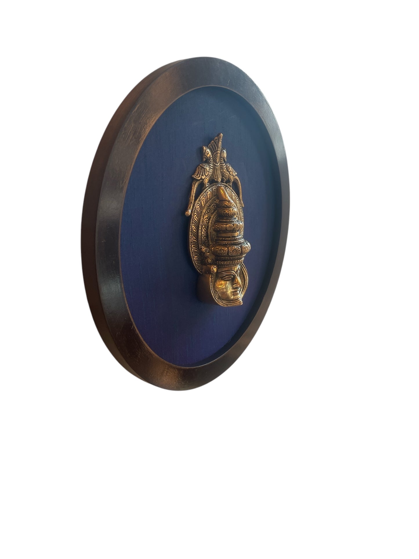 Brass Kathakalli face with Dark Blue silk backdrop circular wooden frame