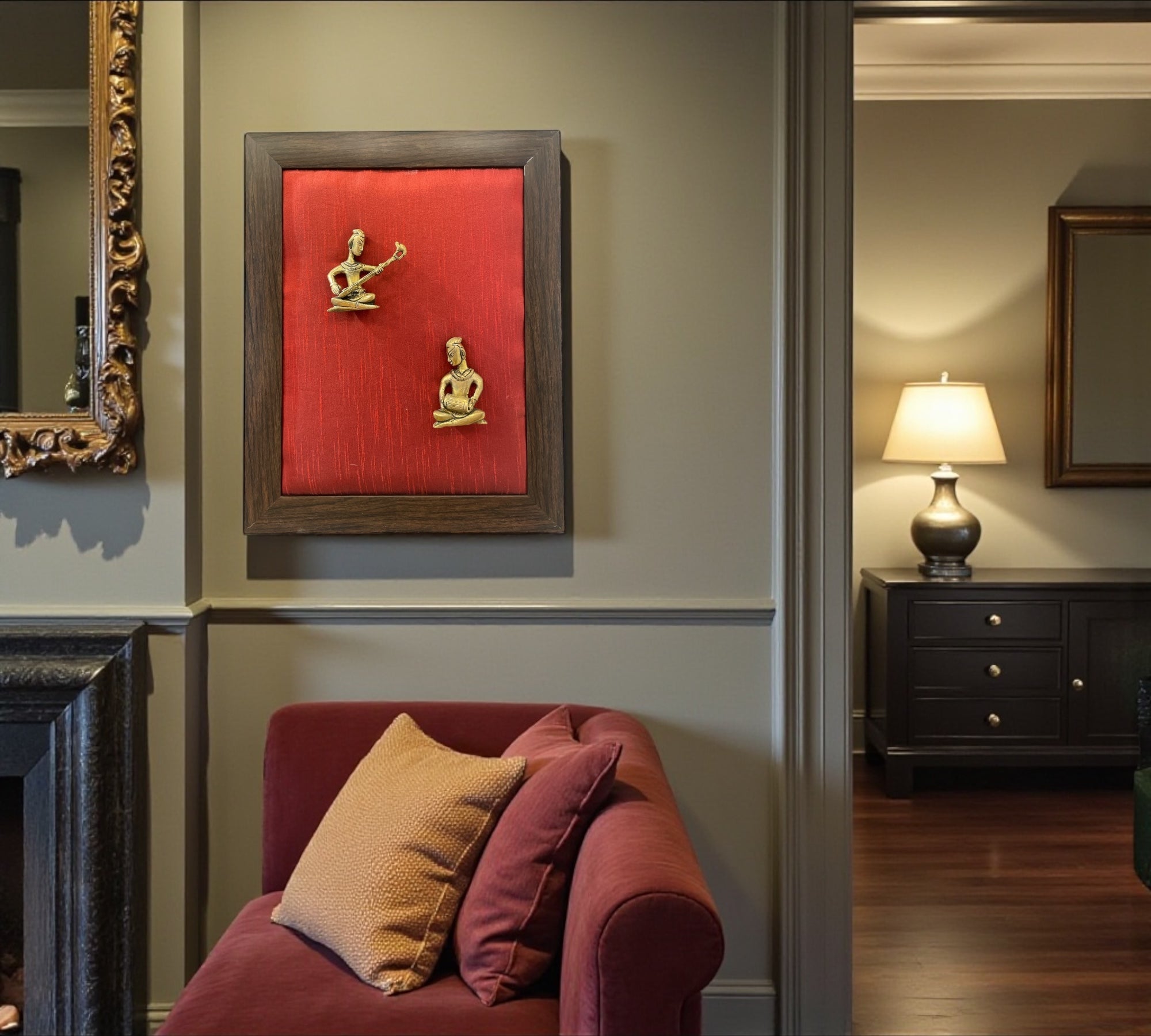 Brass Musician with wine red in Brown frame