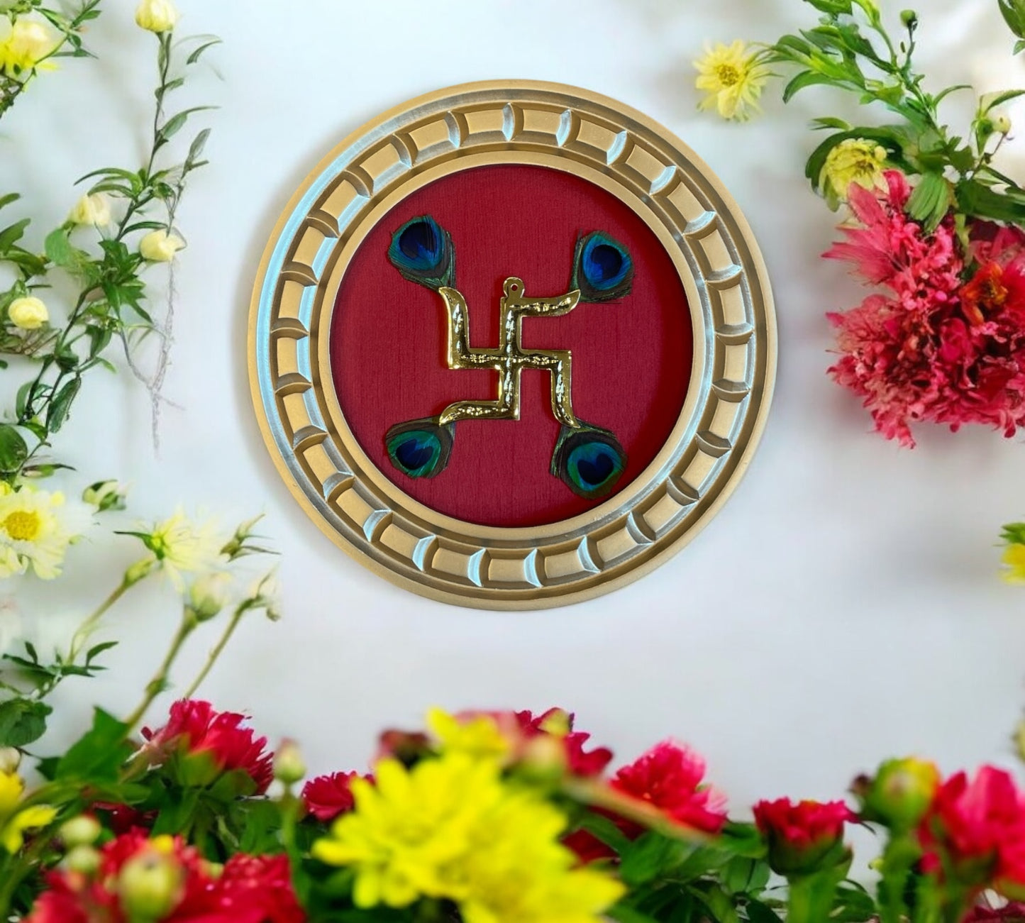 Brass Swastik with peacock Feather & Wine red Backdrop in Gold circular wooden frame