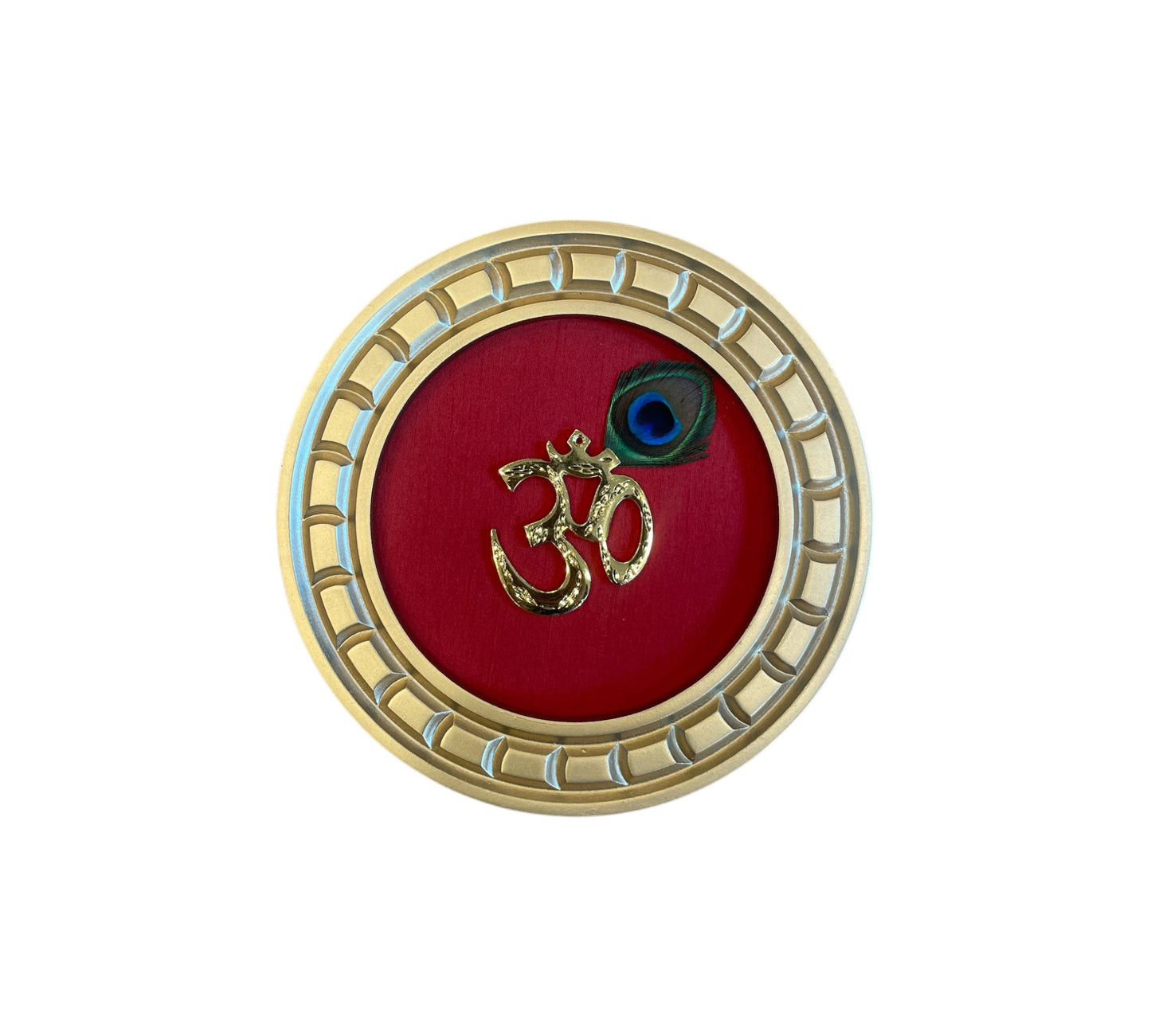 Brass Om with Peacock Feather with Red silk in Gold Circular wooden Frame