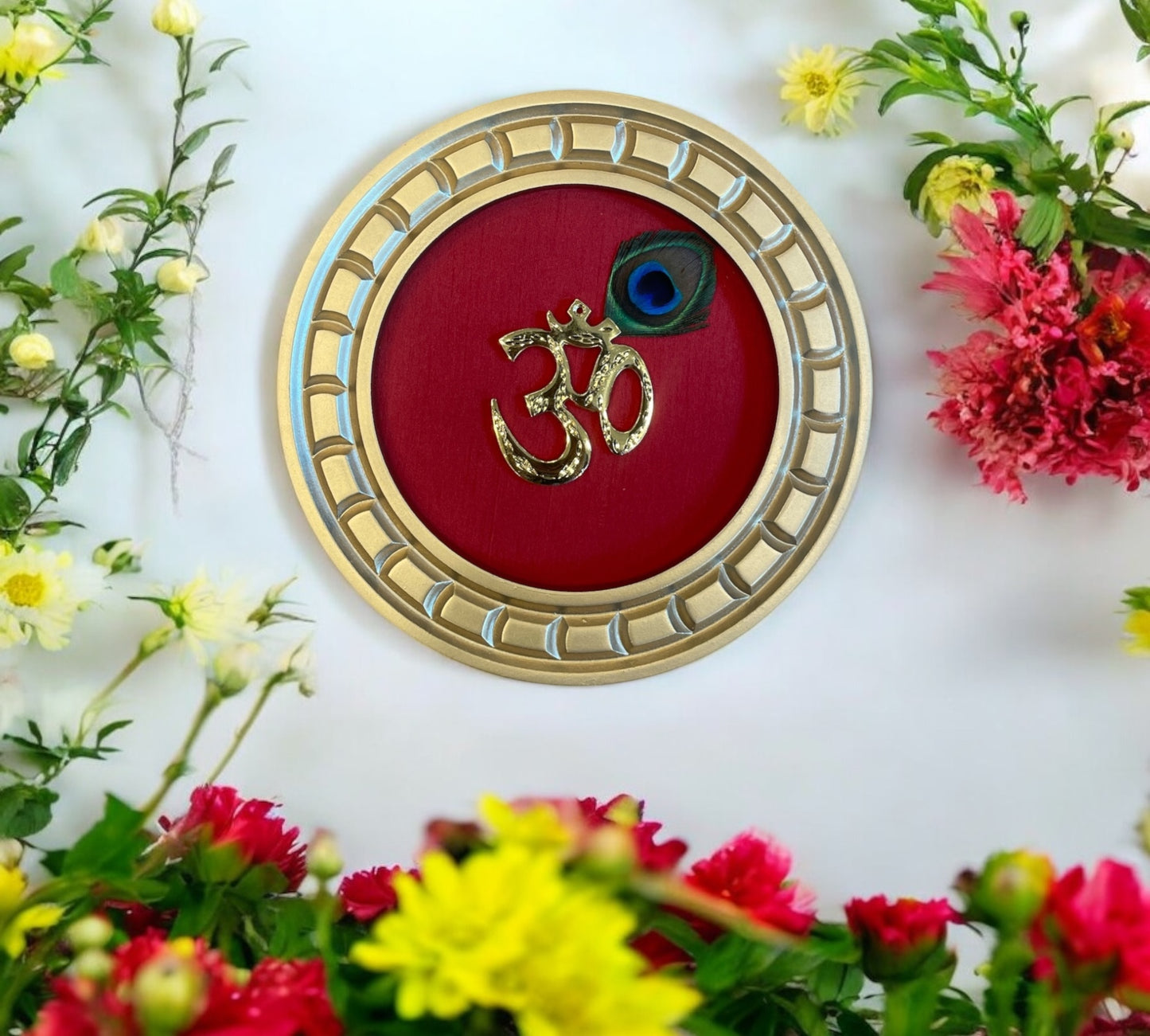 Brass Om with Peacock Feather with Red silk in Gold Circular wooden Frame