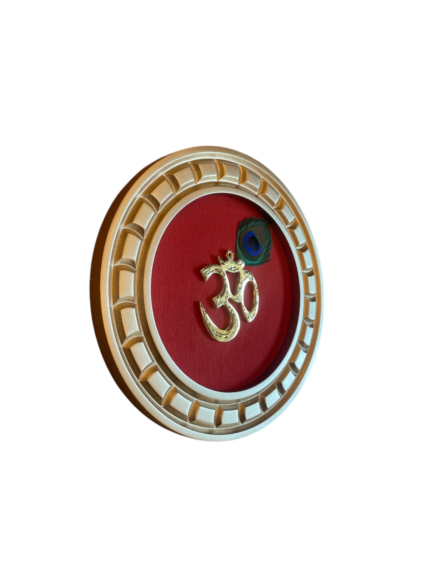 Brass Om with Peacock Feather with Red silk in Gold Circular wooden Frame