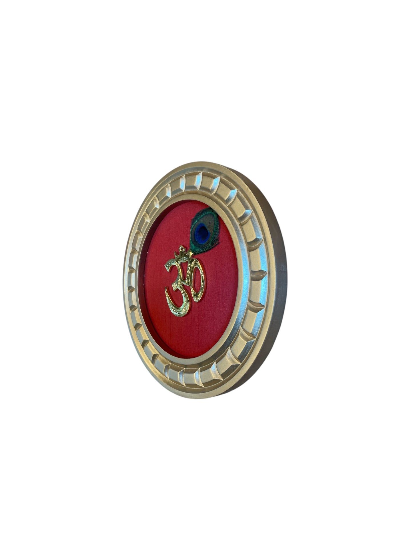 Brass Om with Peacock Feather with Red silk in Gold Circular wooden Frame