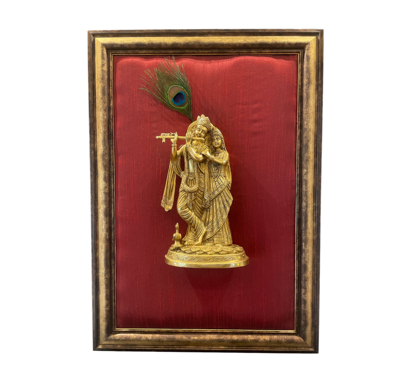 Brass Krishna Radha With Red Cushioned Backdrop in Gold Moulded frame