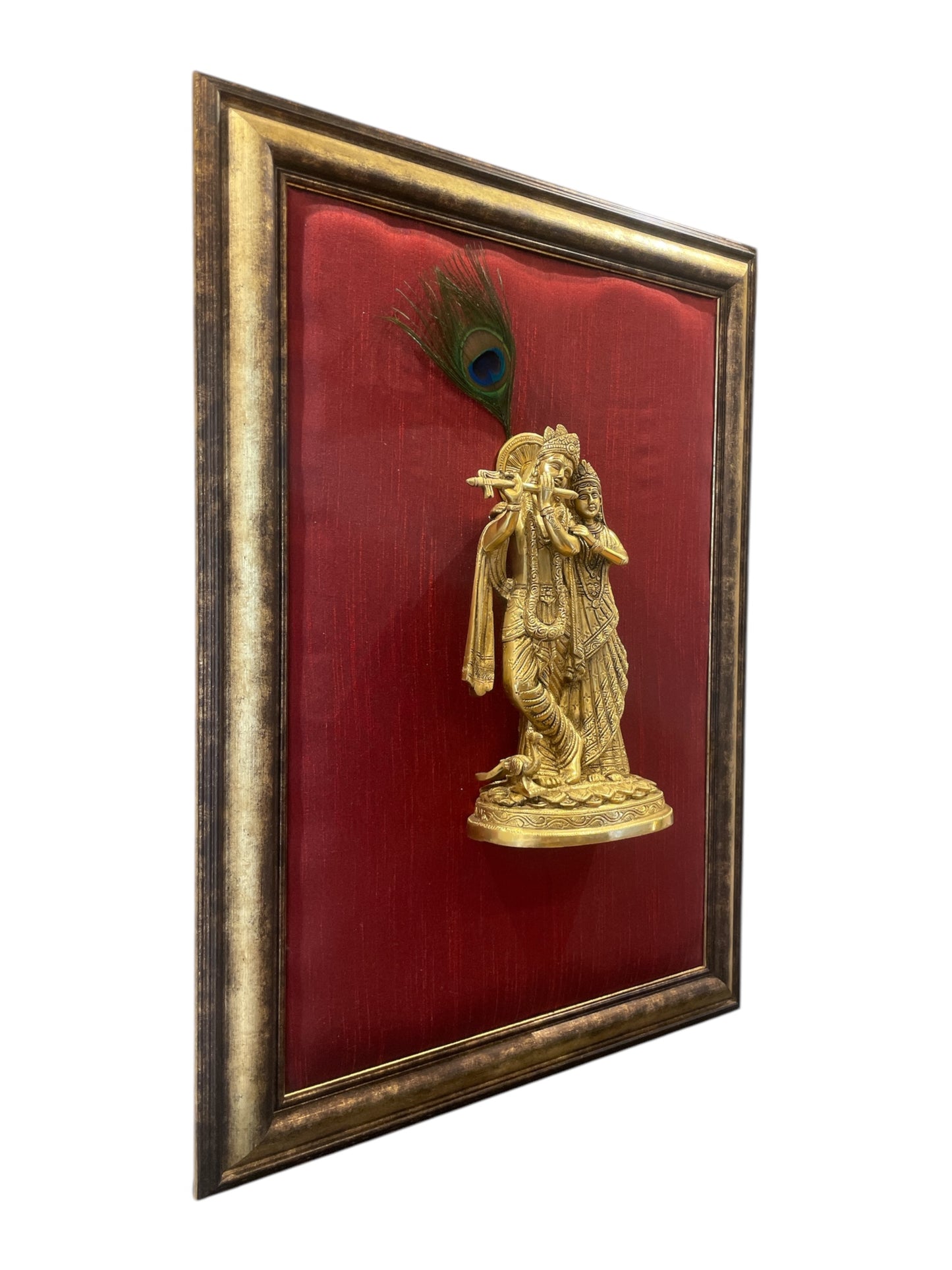 Brass Krishna Radha With Red Cushioned Backdrop in Gold Moulded frame