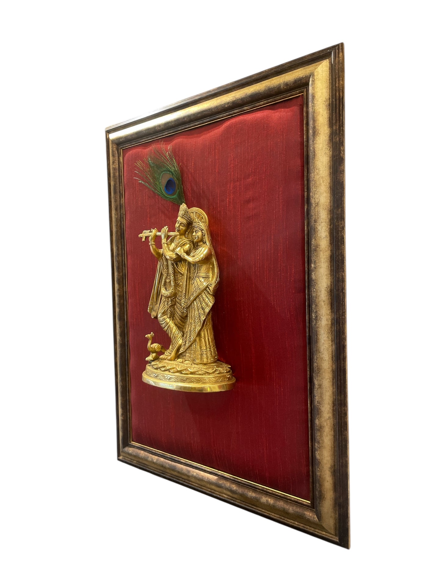 Brass Krishna Radha With Red Cushioned Backdrop in Gold Moulded frame