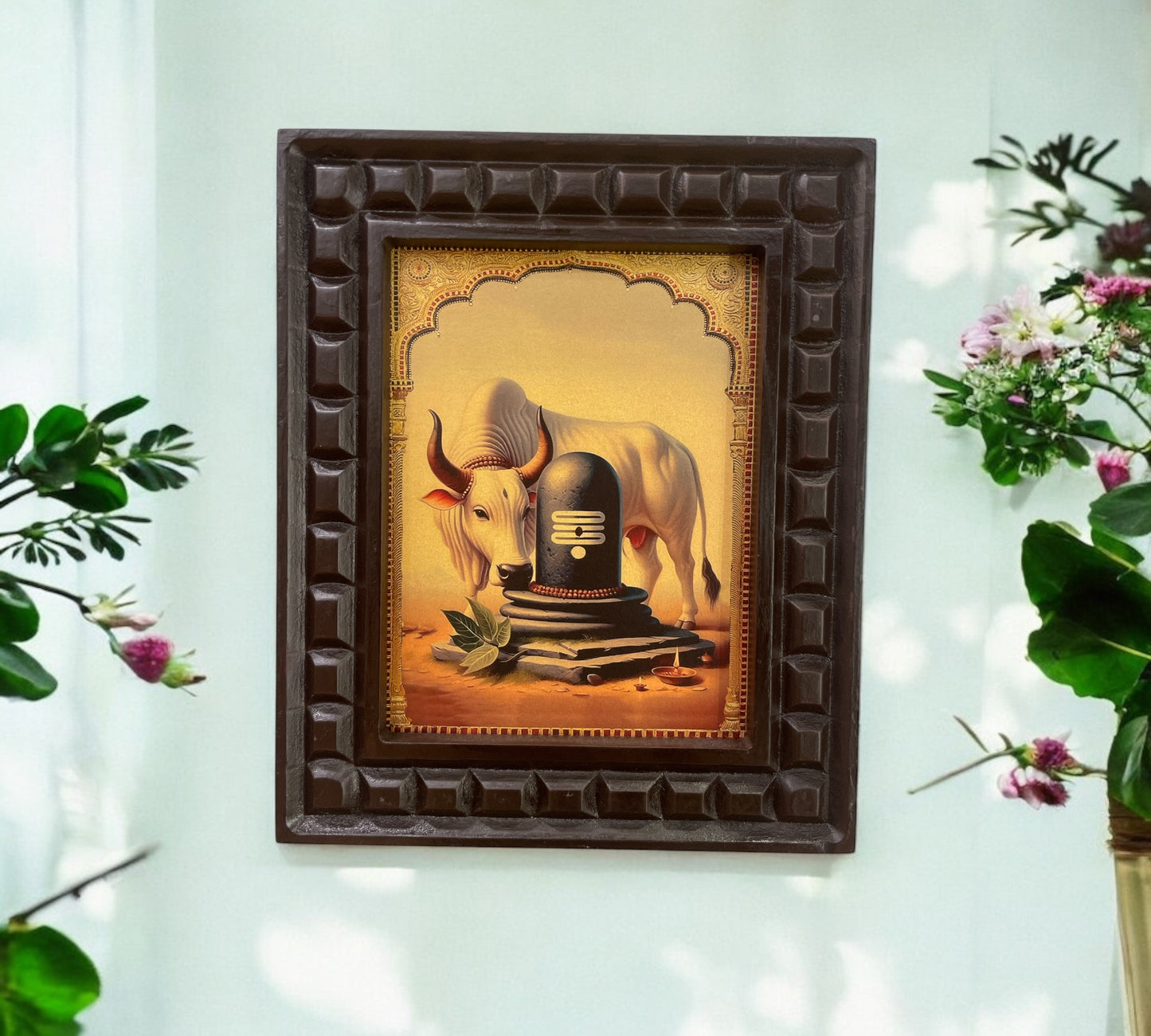 Nandi and Linga Shiva Gold Foiled artwork in wooden frame