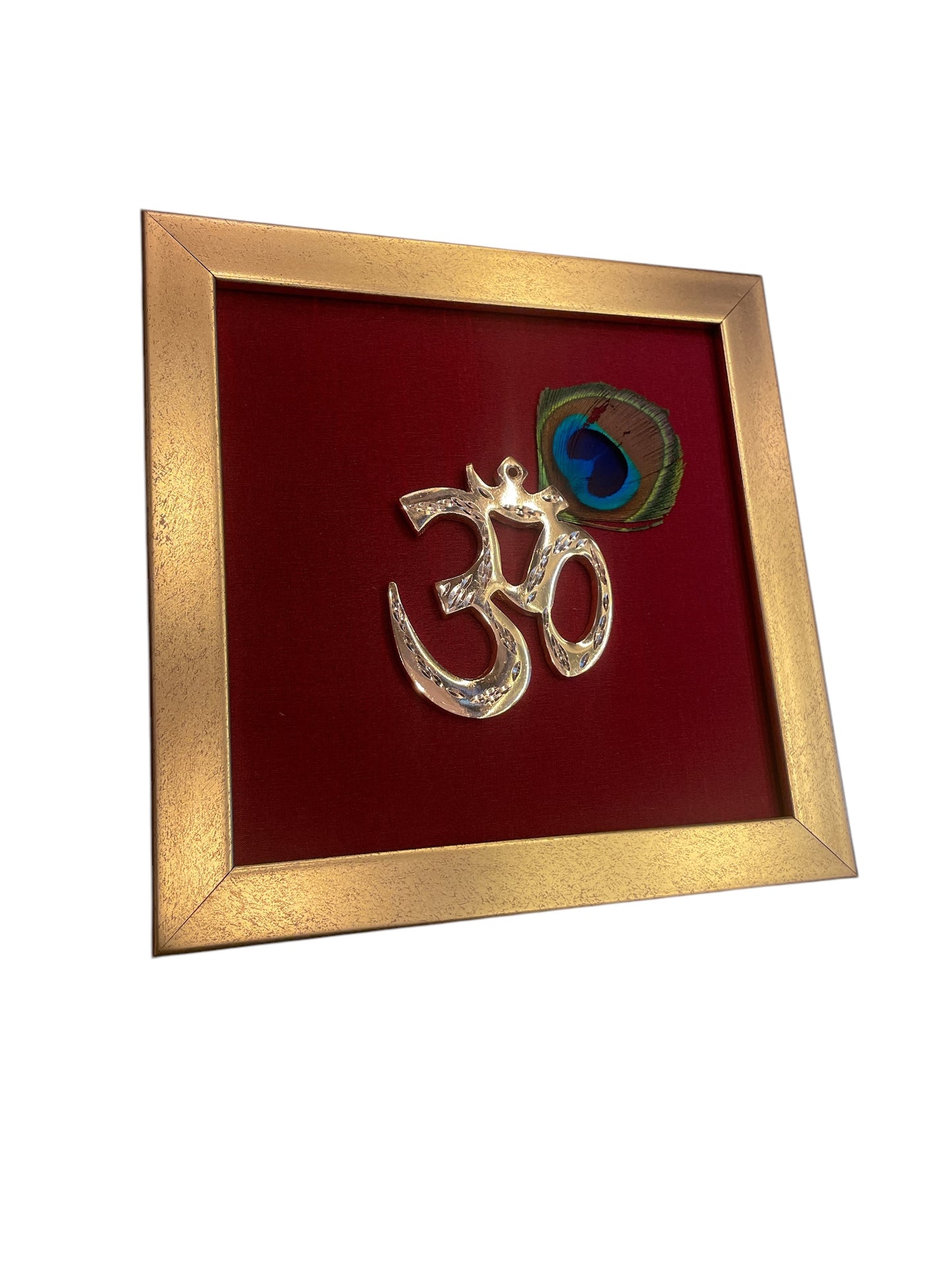 Brass Om with peacock feather & wine red silk in Gold frame