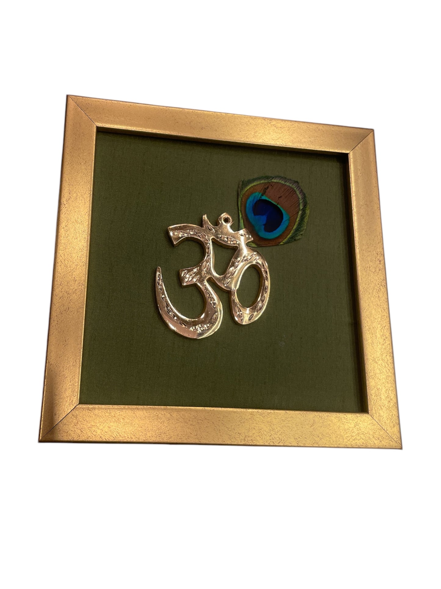 Brass Swastik with peacock feather & Green silk in Gold frame