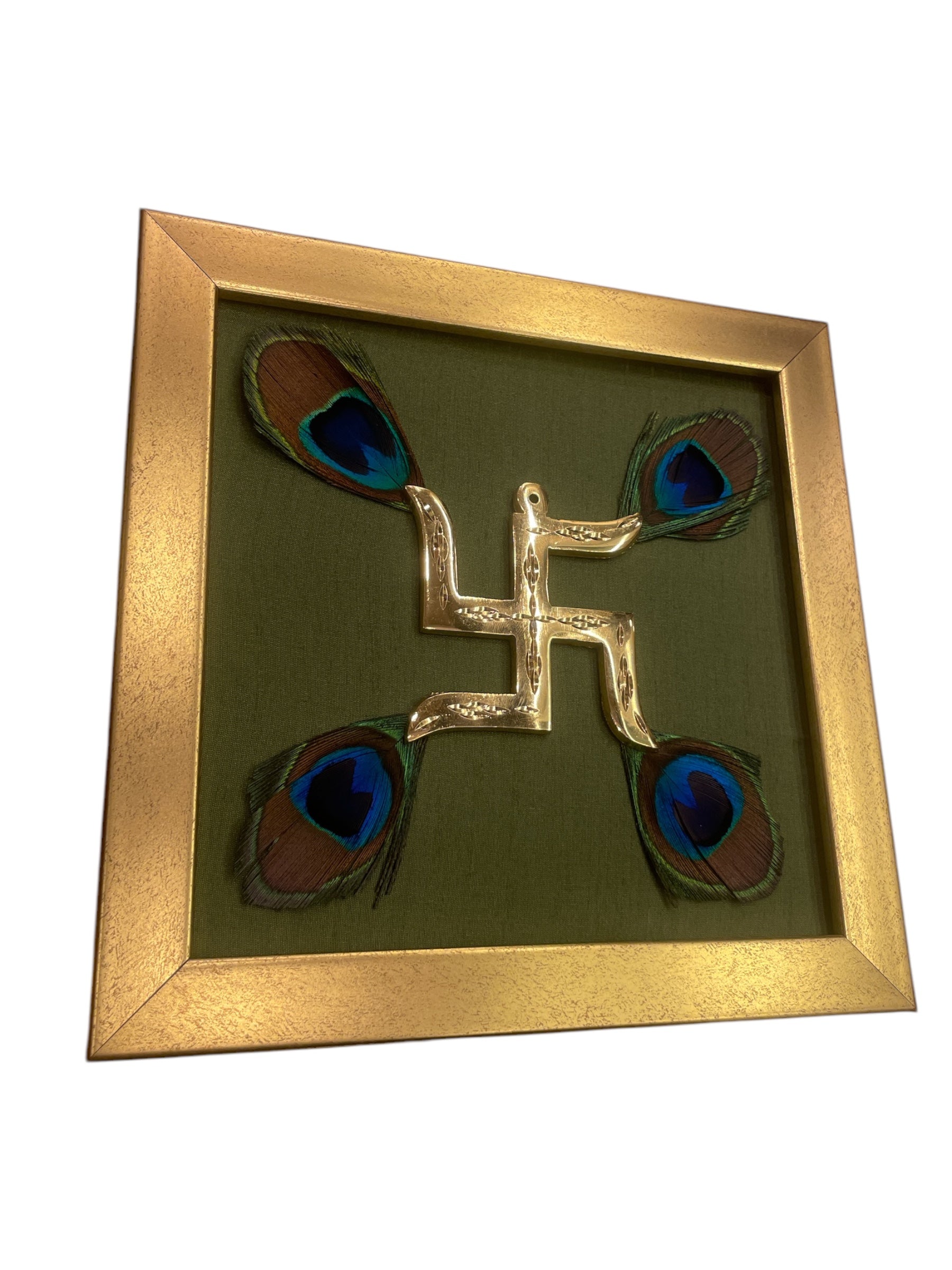 Brass Swastik with peacock feather & Green silk in Gold frame
