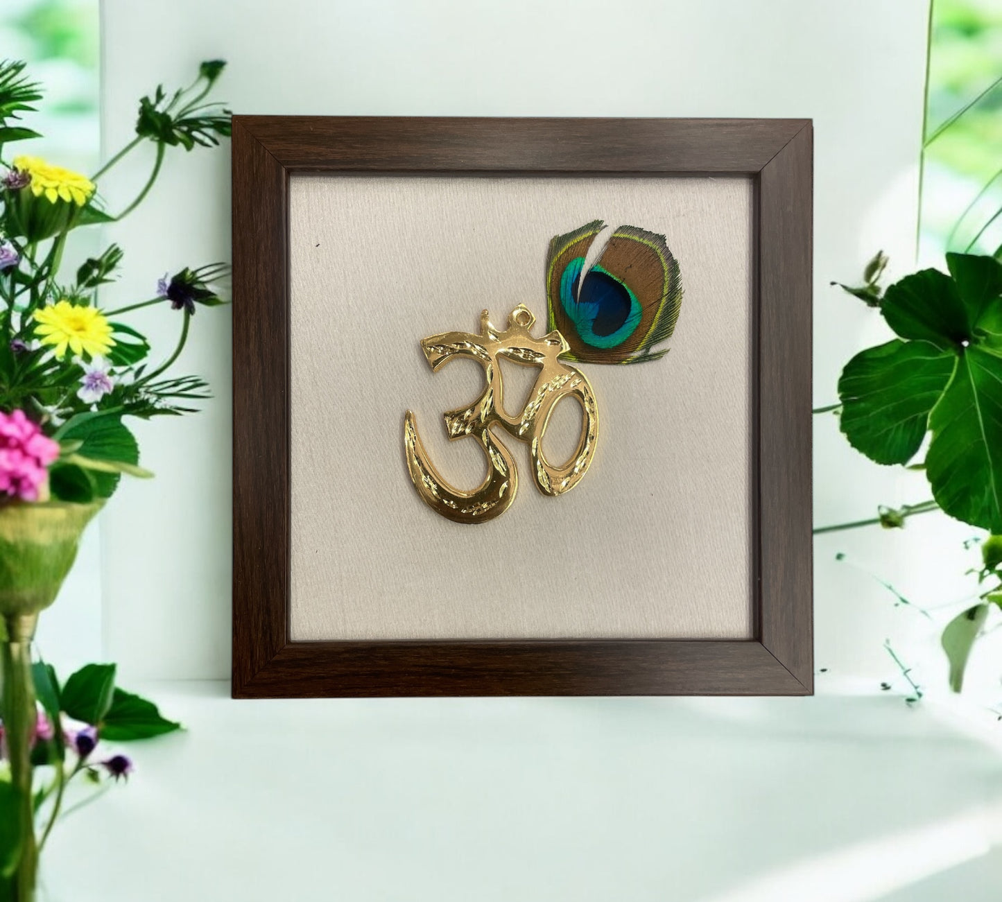 Brass Om with peacock feathers & White silk in Brown frame