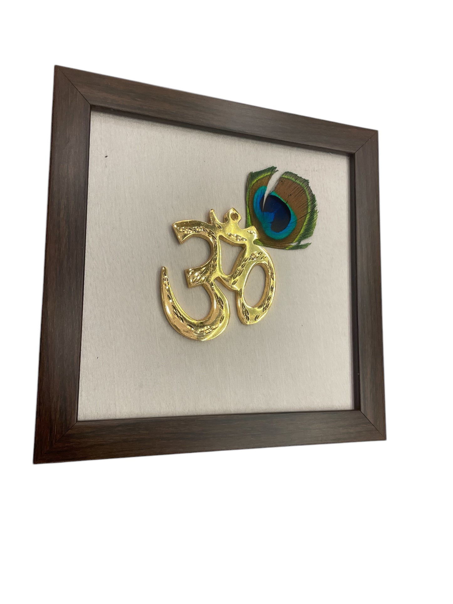 Brass Om with peacock feathers & White silk in Brown frame