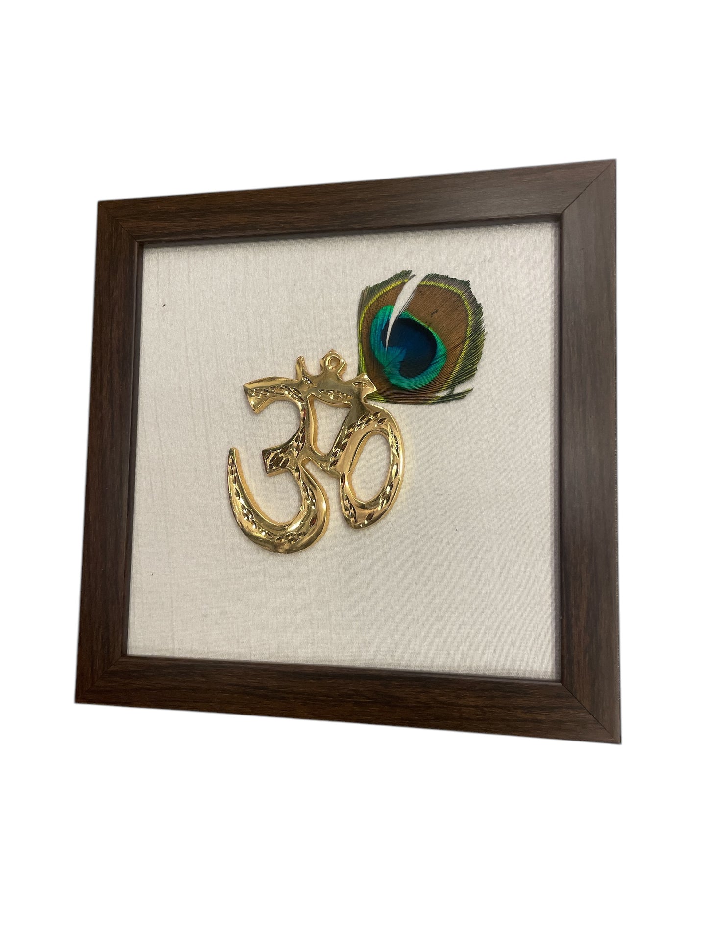 Brass Om with peacock feathers & White silk in Brown frame