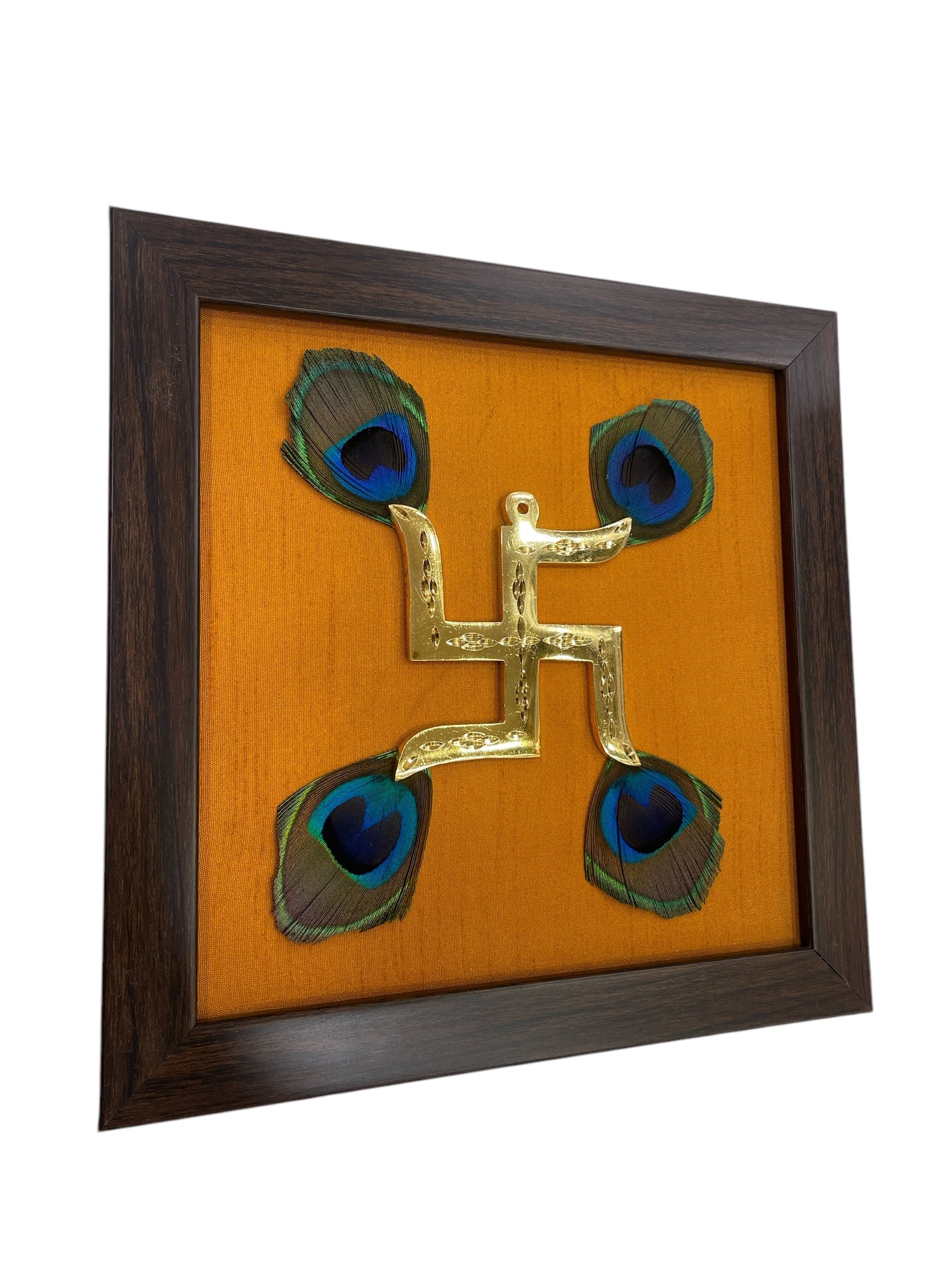 Brass Swastik with Peacock Feathers & Orange Silk in Brown frame