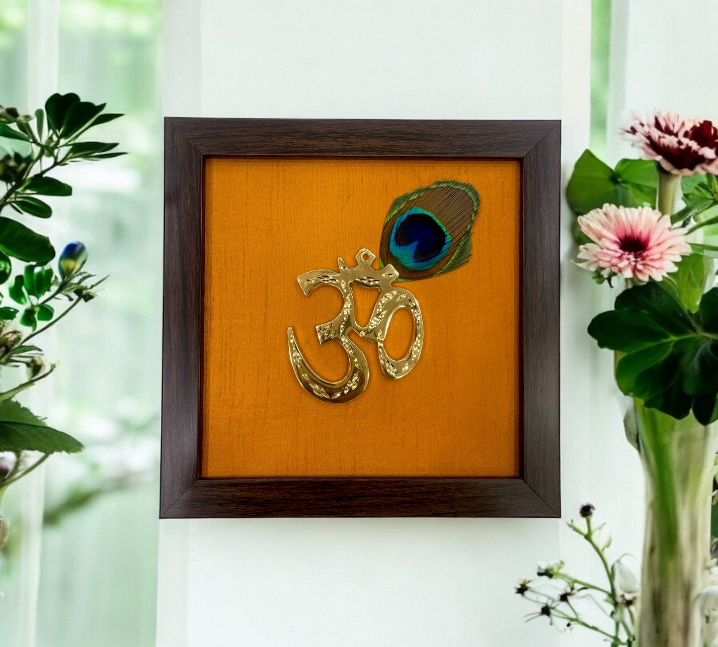 Brass Om with Peacock Feathers & Orange Silk in Brown frame