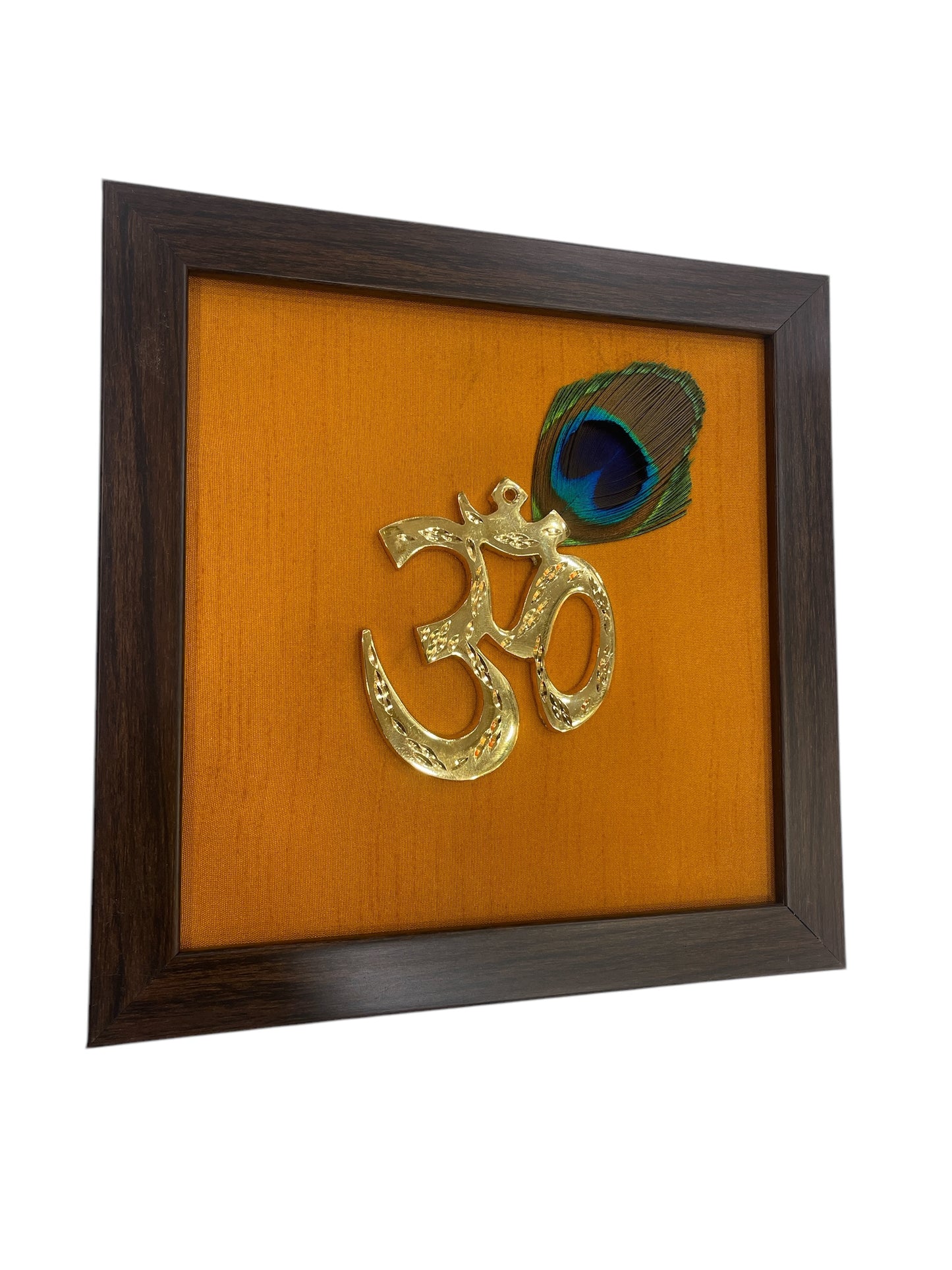 Brass Om with Peacock Feathers & Orange Silk in Brown frame