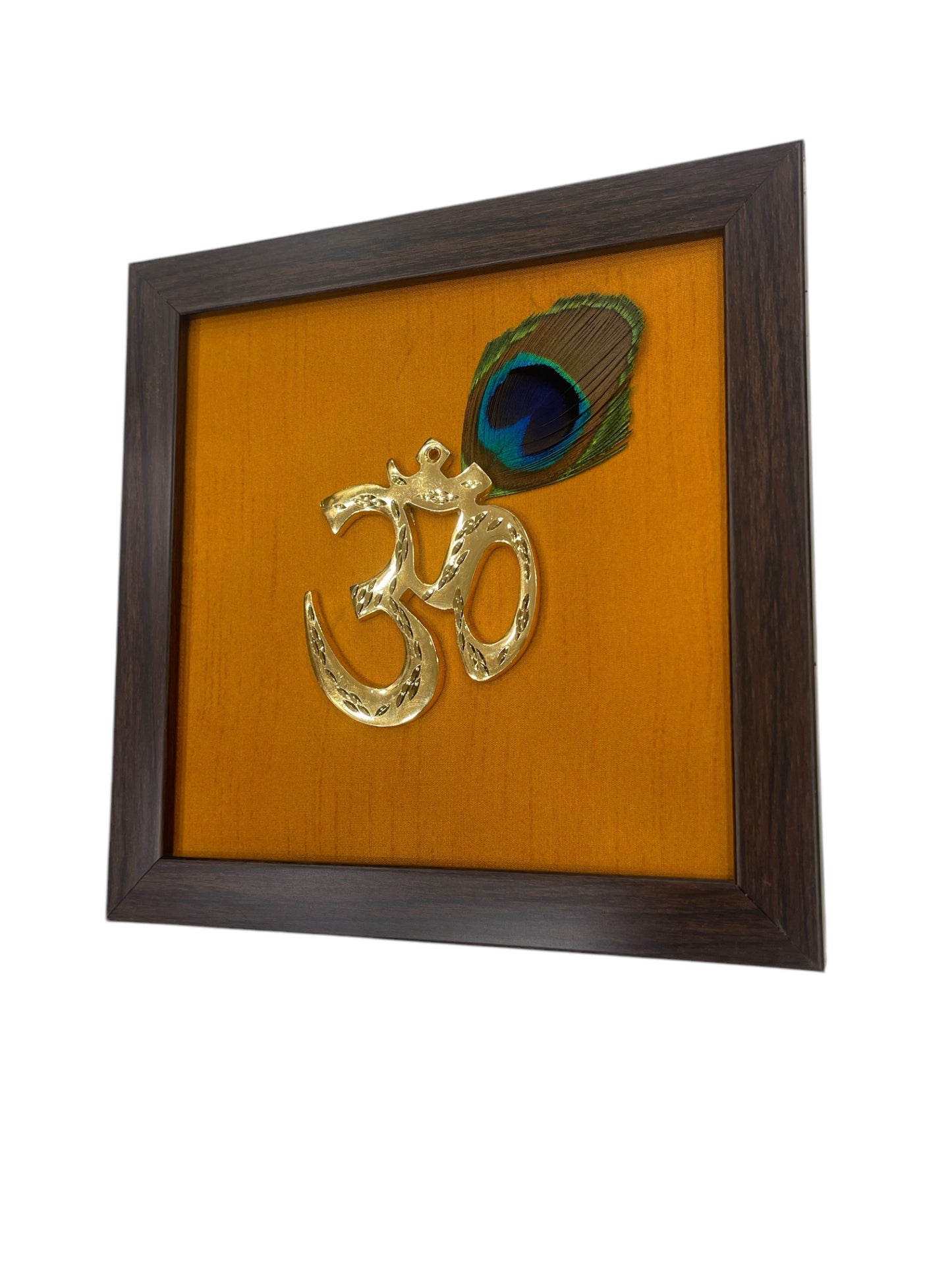 Brass Om with Peacock Feathers & Orange Silk in Brown frame