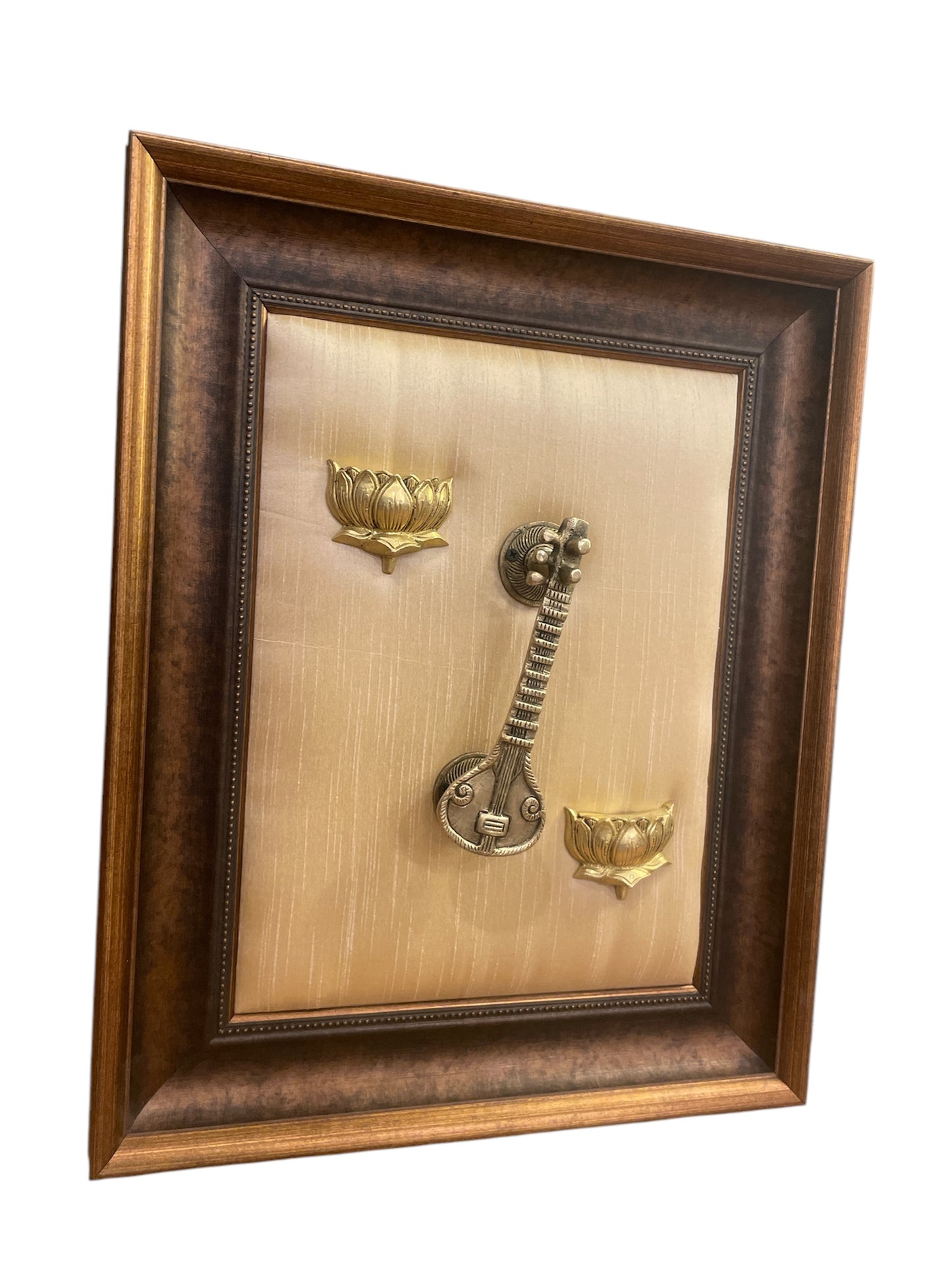 Brass Veena & lotus with Beige Cushion In moulded Frame-2