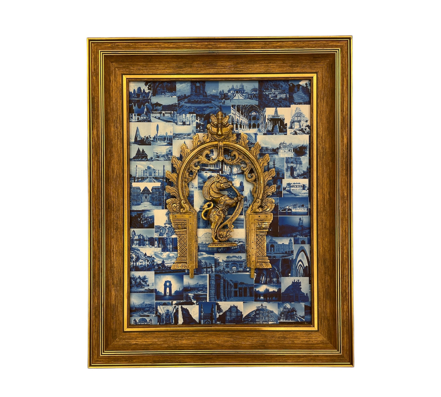 Brass Mythical Indian Creature and Prabavali with Monuments of india Backdrop in moulded frame