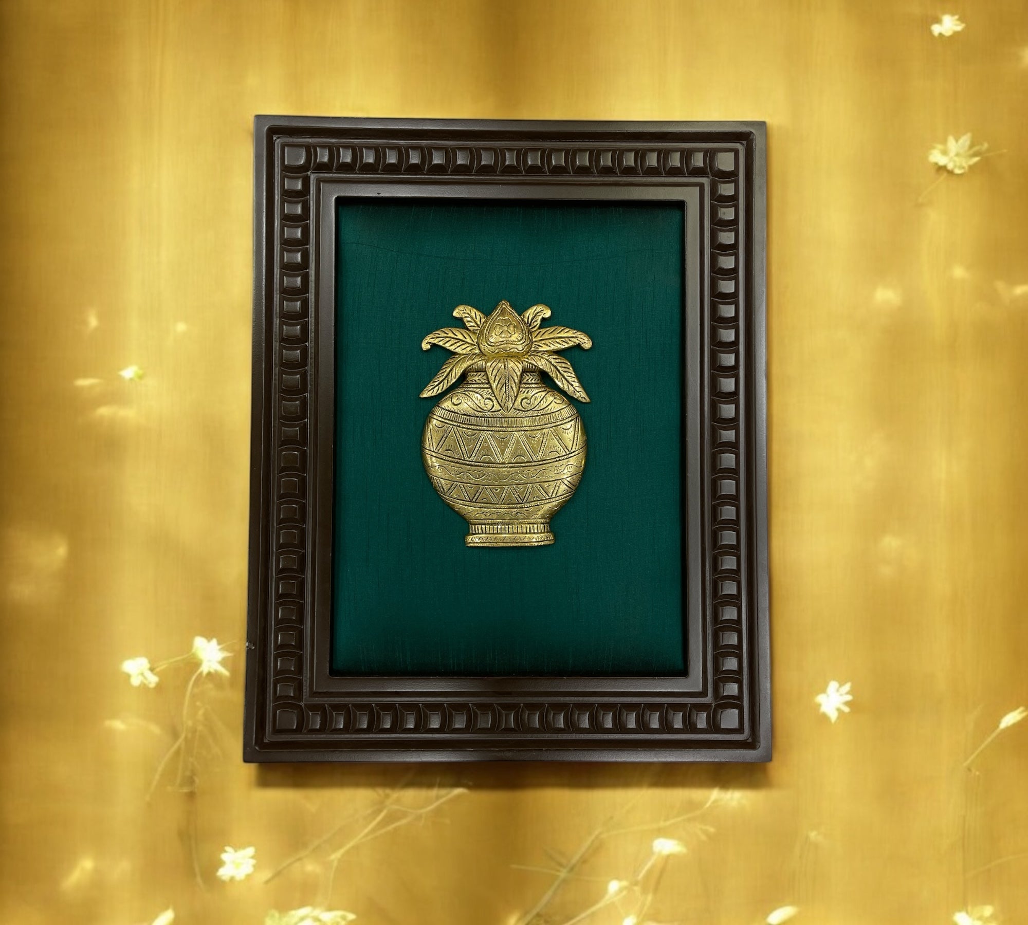 Brass Kalash with Green silk in wooden Frame